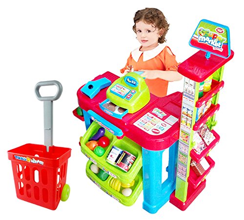 PowerTRC Kids Supermarket Toy Playset - Pretend Play Grocery Store with Shopping Cart, Food & Cash Register - Fun Educational Toy for Toddlers & Preschoolers (Great for Role Play & Learning)
