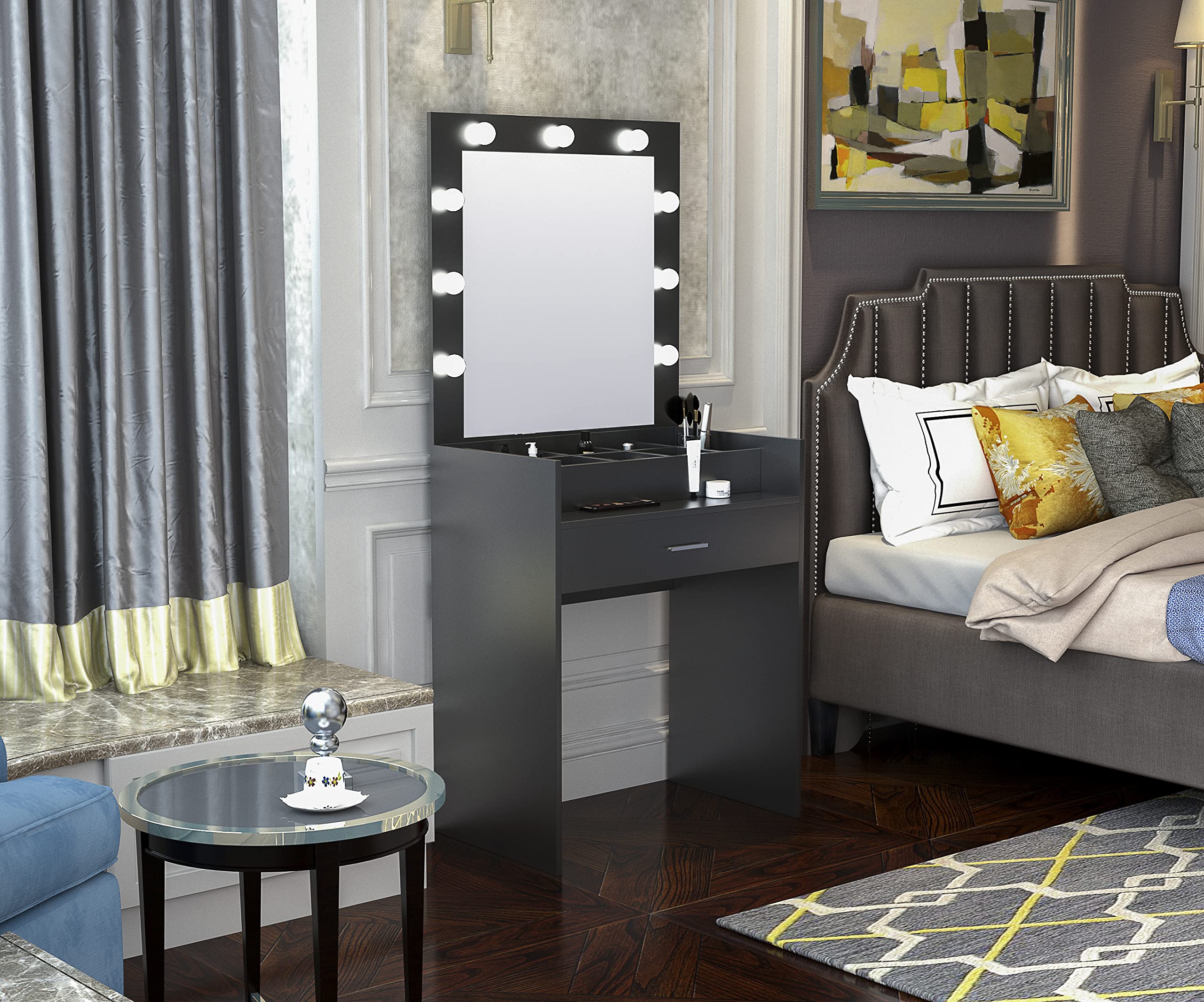 **Goujxcy Modern LED Lighted Makeup Vanity Set with Drawers & Lighted Mirror - Black Dresser for Bedroom, Perfect for Makeup, Skincare & Dressing Table Organization**