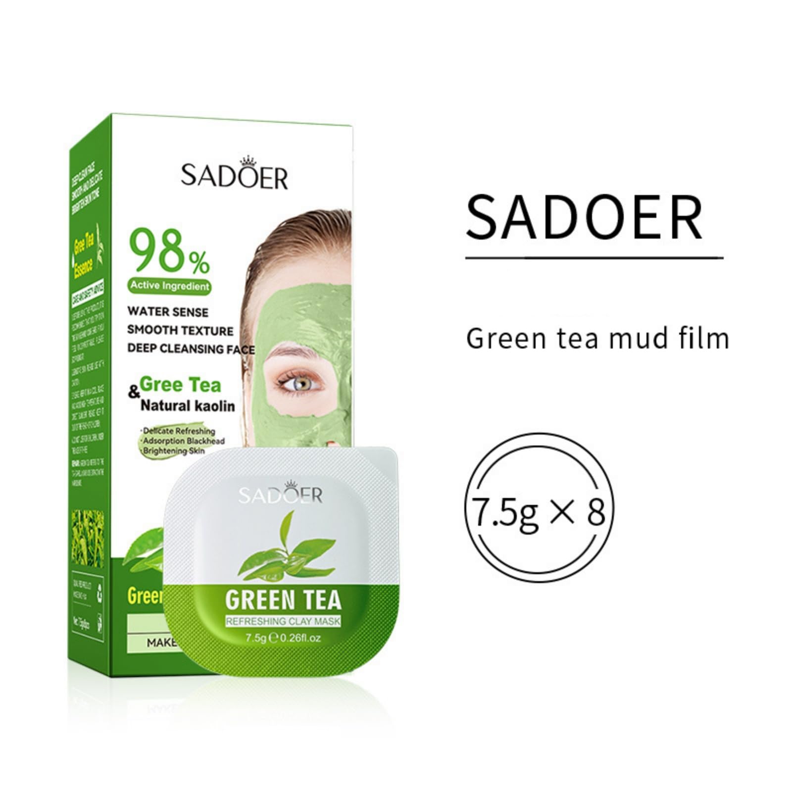SADOER Green Tea Clay Mask for Deep Cleansing & Detoxifying - 8 Pack x 7.5g Natural Kaolin Facial Treatment | Perfect for Acne, Blackheads & Oily Skin Care Routine