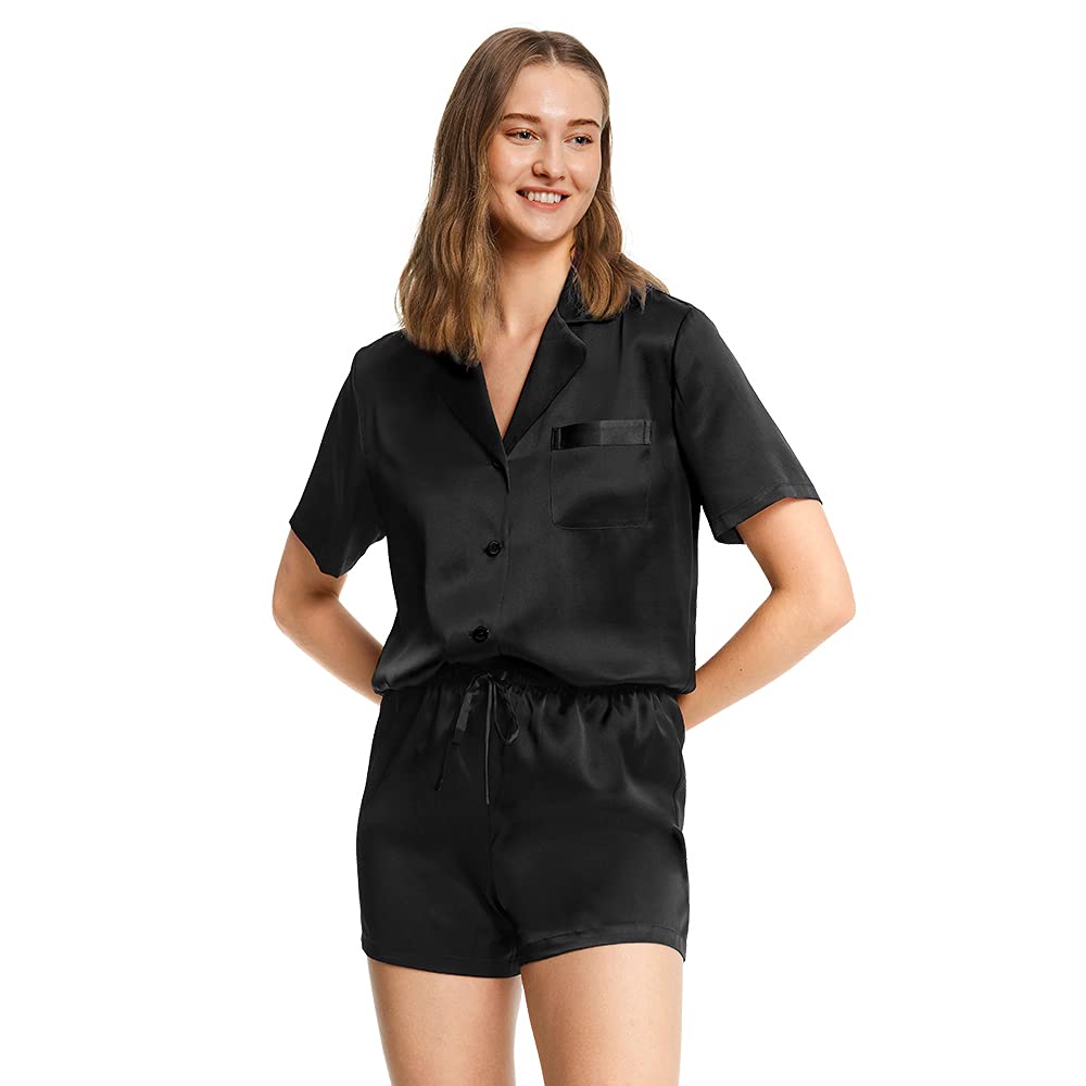 LilySilk Women's 100% Mulberry Silk Pajama Set - 19 Momme Short Sleeve Button Down Sleepwear for Women | Luxurious & Breathable Nightwear for Summer, Travel & Relaxation at Home