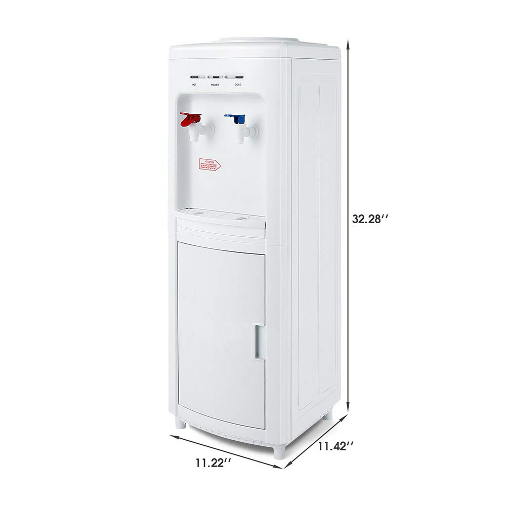 White Modern Top Loading 5 Gallon Water Cooler Dispenser with Hot & Cold Settings - Freestanding Electric Countertop for Home & Office - Storage Cabinet, Plastic & Stainless Steel (11.22