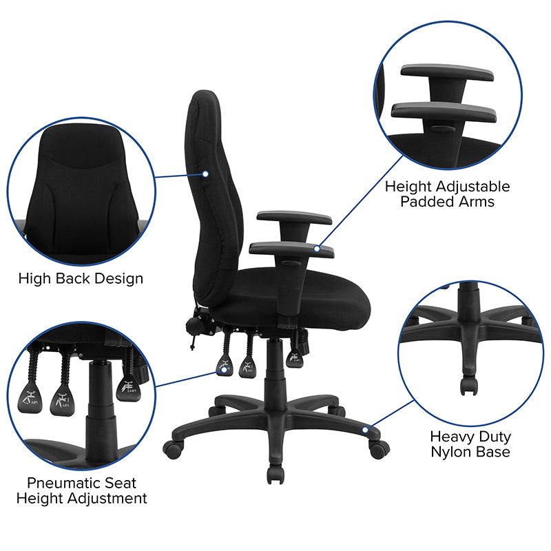 Ergonomic High Back Office Chair with Adjustable Arms - Black Fabric Swivel Task Chair for Home & Office Workspace - Perfect for Long Hours of Computer Work, Gaming, and Study Sessions