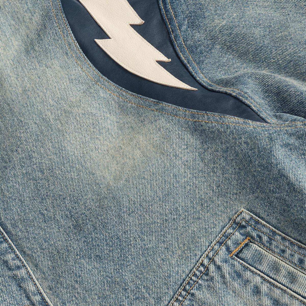 Men's Denim Lightning Varsity Jacket - Dark Indigo Wash Vintage Baseball Jacket for Casual Wear & Street Style Outfits