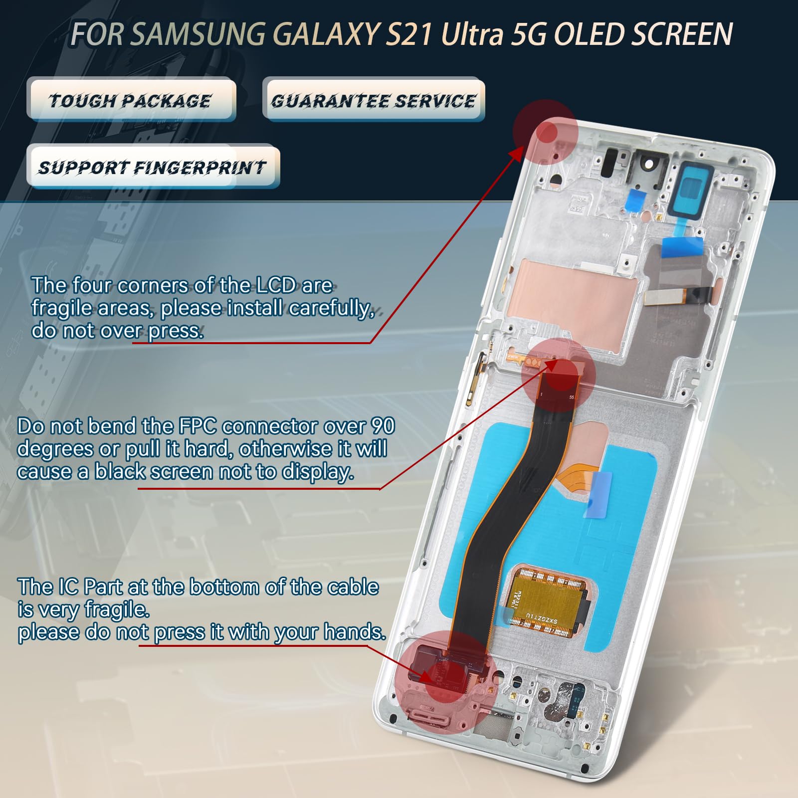 Original: OLED for Samsung Galaxy S21 Ultra 5G Screen Replacement for Samsung S21 Ultra G998U LCD Display Touch Screen Digitizer Assembly Replacement with Tools (Support Fingerprint, Silver Frame)    Optimized: Samsung Galaxy S21 Ultra 5G OLED Screen Replacement – G998U LCD Display & Touch Digitizer Assembly with Tools (Fingerprint Compatible, Silver Frame) – Perfect for DIY Repairs & Cracked Screen Fixes