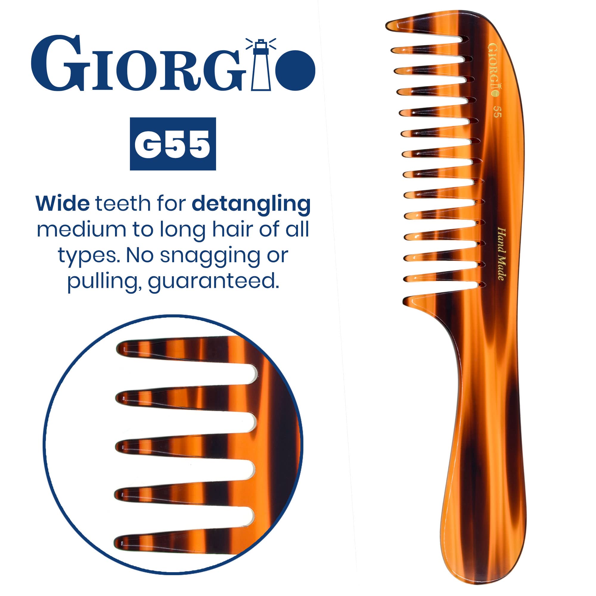 Giorgio G55 Wide Tooth Comb for Wet Hair - Detangling Comb for Thin to Medium Thickness Hair - Handmade Large Tooth Rake Comb for Women (Saw-Cut & Hand Polished) - Perfect for Shower, Salon & Daily Hair Care