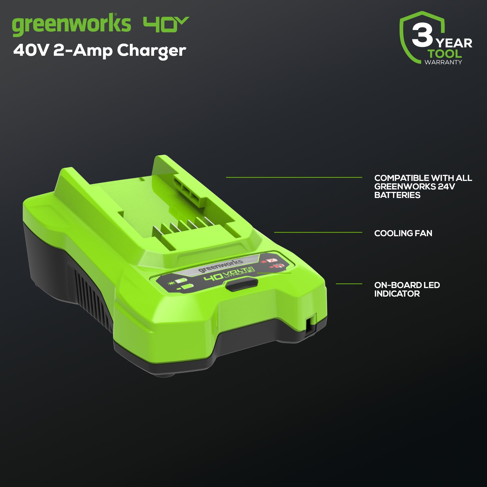 40V 2A Fast Battery Charger for Power Tools - Compatible with Lawn Mowers, Drills & Outdoor Equipment - Quick Charge & Overload Protection