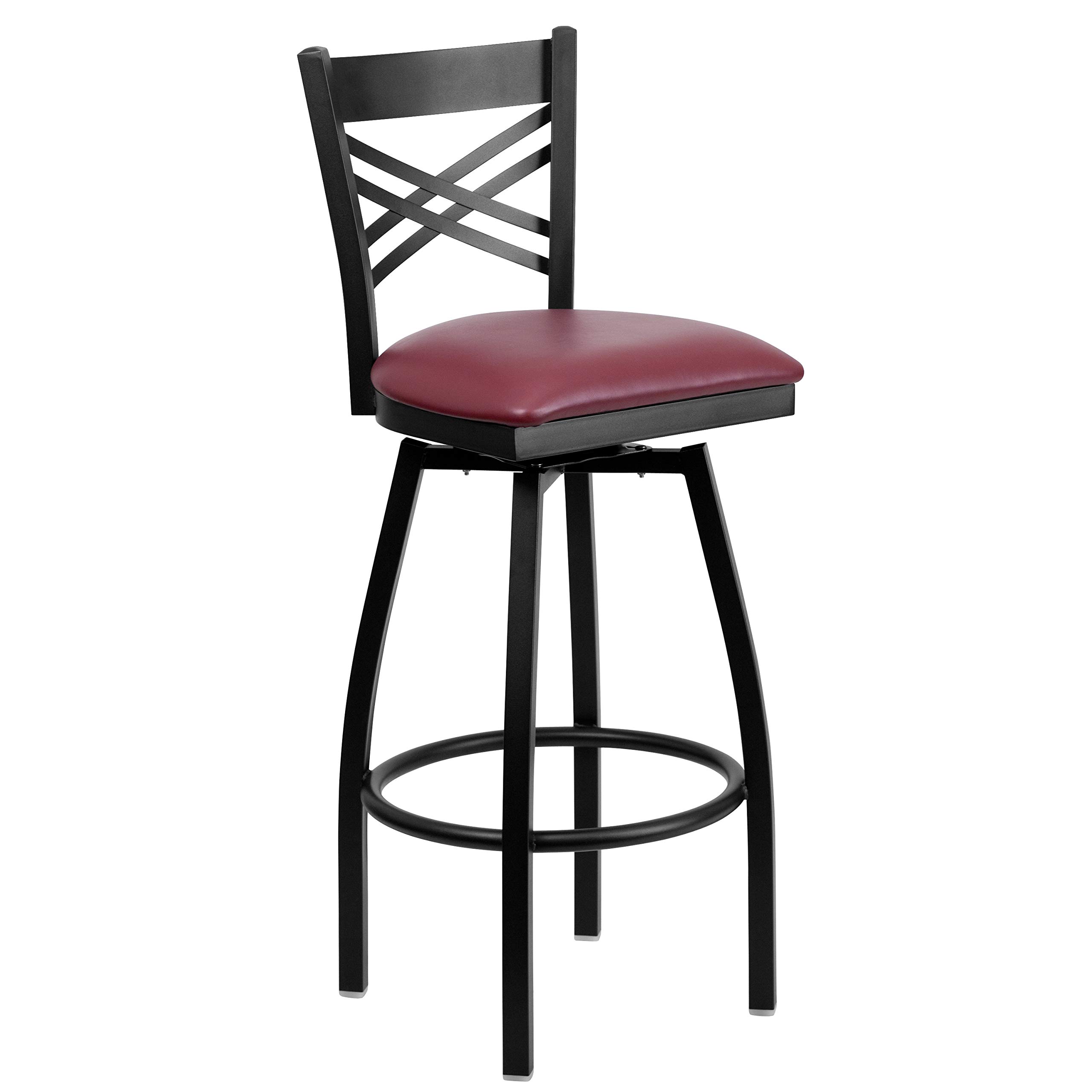2 Pack Black X-Back Swivel Metal Barstools with Burgundy Vinyl Seat - Heavy Duty Counter Height Bar Stools for Kitchen Island, Breakfast Nook & Home Bar (Set of 2)