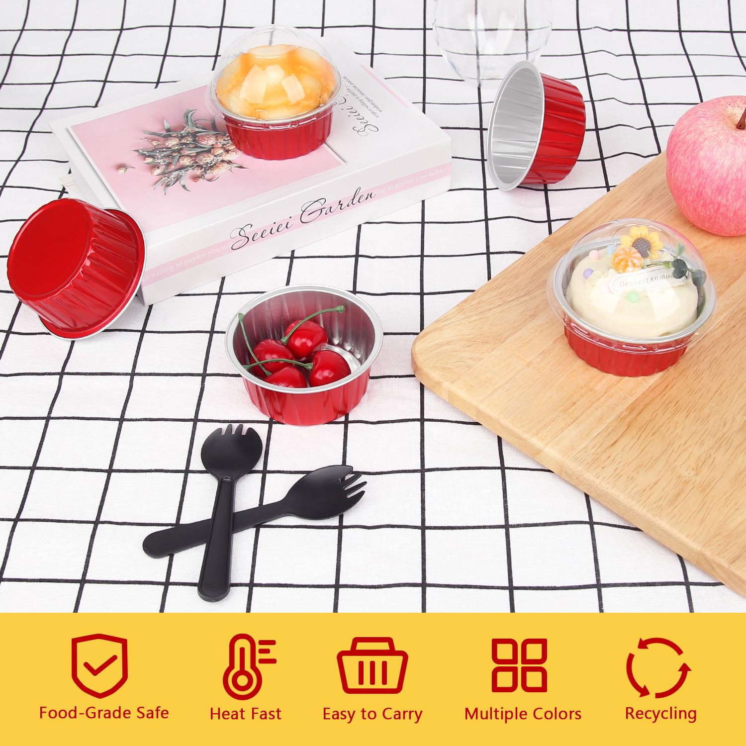 100-Pack 5oz Disposable Aluminum Foil Cupcake Pans with Dome Lids - Mini Cake & Muffin Baking Cups, Small Pie Ramekins for Christmas Baking, Parties & Dessert Displays (Red)