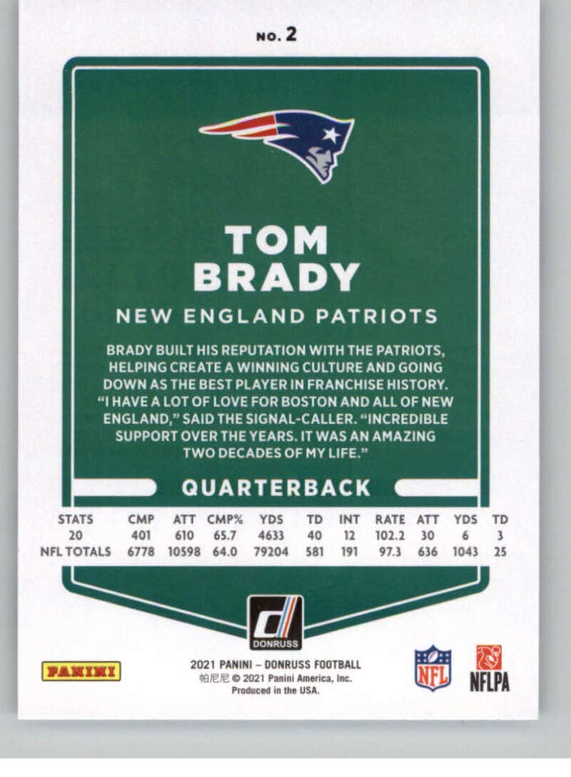 2021 Donruss #2 Tom Brady New England Patriots NFL Football Trading Card - Rare Collectible for Sports Memorabilia Fans & Card Collectors - Perfect for Display, Investment, and Gifting