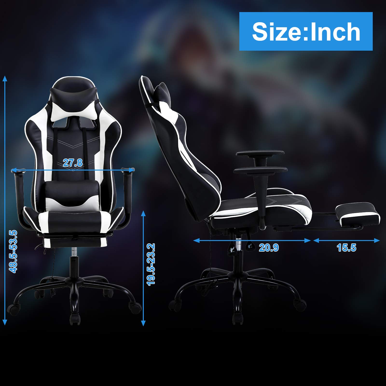 Ergonomic Gaming & Office Chair - High Back Computer Desk Chair with Lumbar Support, Retractable Footrest & PU Leather - Adjustable Swivel Racing Style Chair for Adults (White) - Perfect for Home Office, Gaming Setup & Workstation Comfort