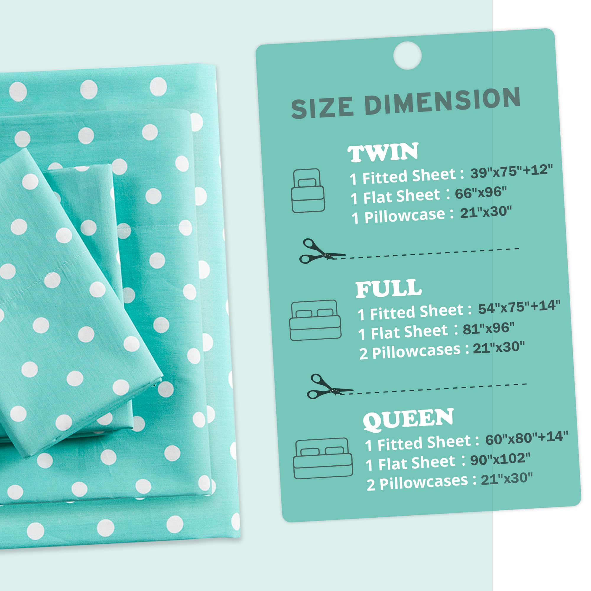 Mi Zone Seafoam Twin Size Sheet Set - 100% Cotton Percale Soft Bedding for Kids & Girls, Polka Dot Design - Includes Flat Sheet, Fitted Sheet (Fits 14