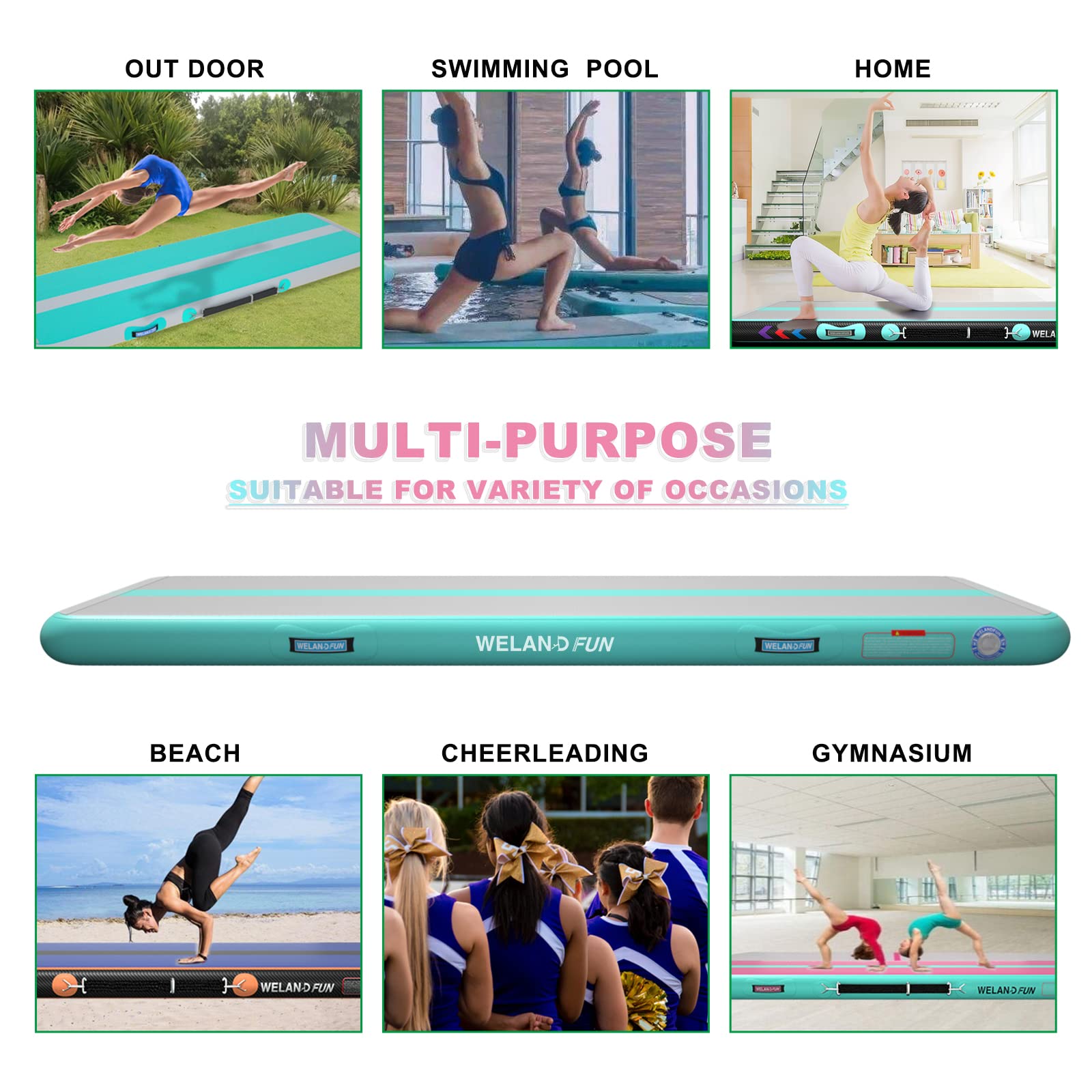 Inflatable Gymnastics Tumbling Mat 10ft/13ft/16ft/20ft - 4/6/8 Inch Thick Air Track Mat for Home Gym, Yoga, Training, Cheerleading - Portable for Outdoor, Beach, Park Use with Electric Air Pump - Perfect for Backyard Practice, Fitness Routines & Kids Play