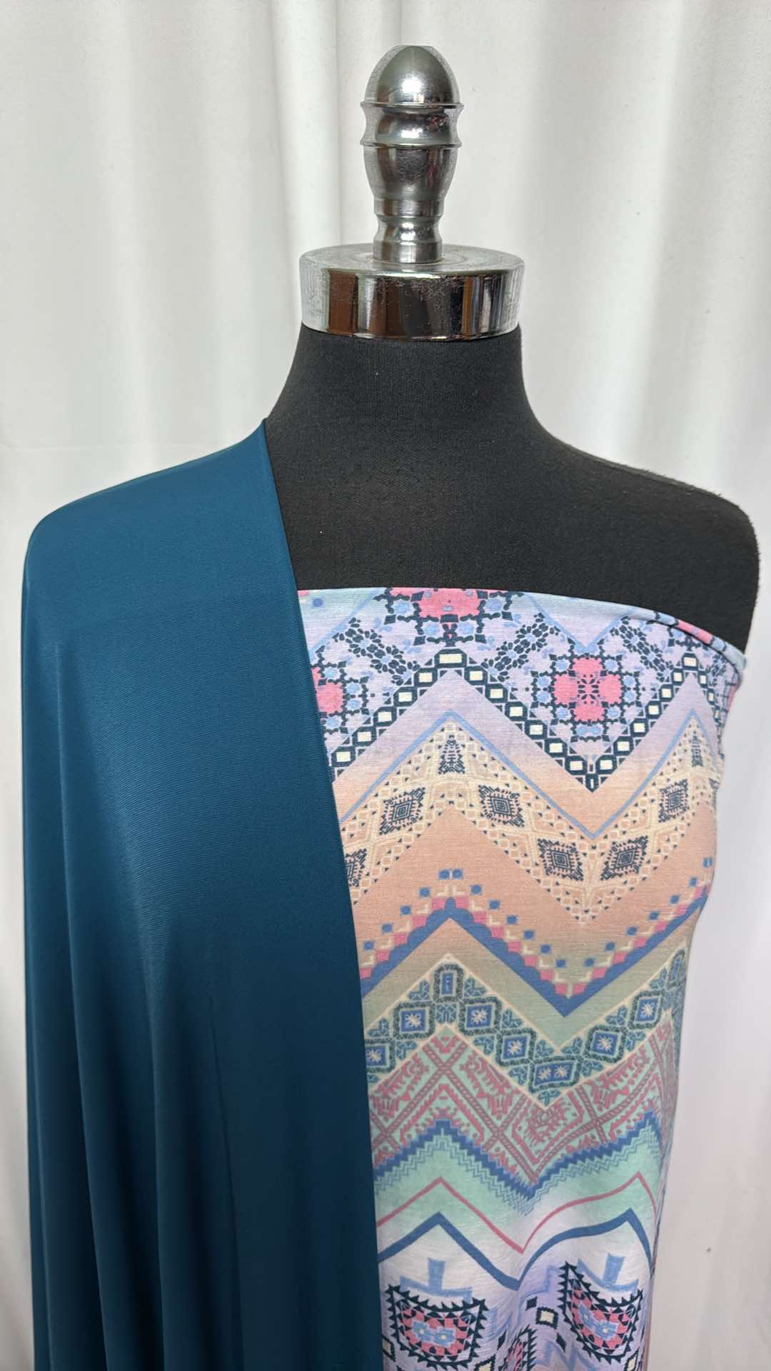 2 Yards Dark Teal ITY Knit Fabric & 2 Yards Geo Chevron Bulgari Fabric Bundle - Premium Stretchy Material for DIY Dresses, Skirts & Home Decor Projects (A26852)