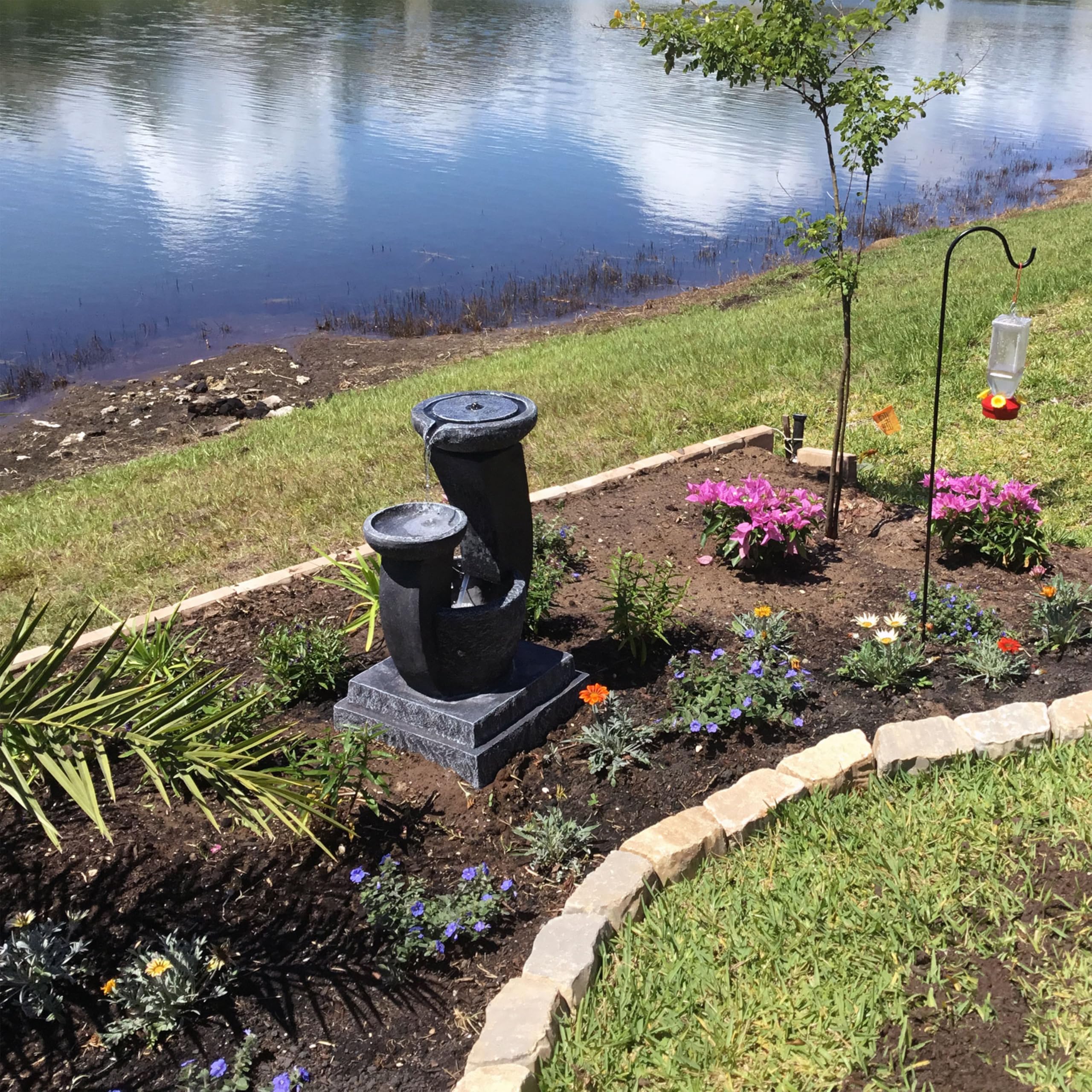Sunnydaze 28-Inch Modern Solar Water Fountain with Cascading Bowls, Battery Backup & LED Lights - Outdoor Garden Decor, Patio, Yard Feature with Submersible Pump for Relaxing Ambience