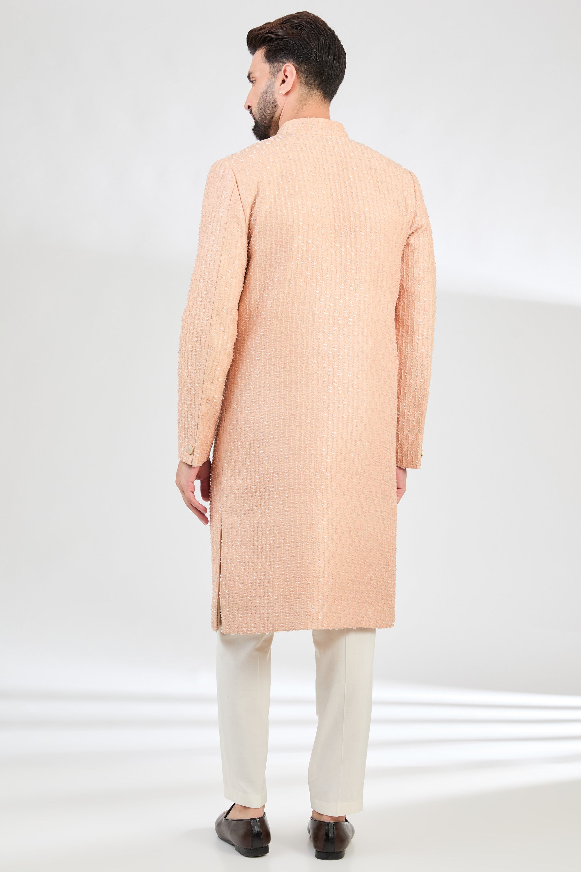 Elegant Light Peach Sherwani with Intricate Cut Dana Embroidery - Perfect for Weddings, Festivals & Special Occasions