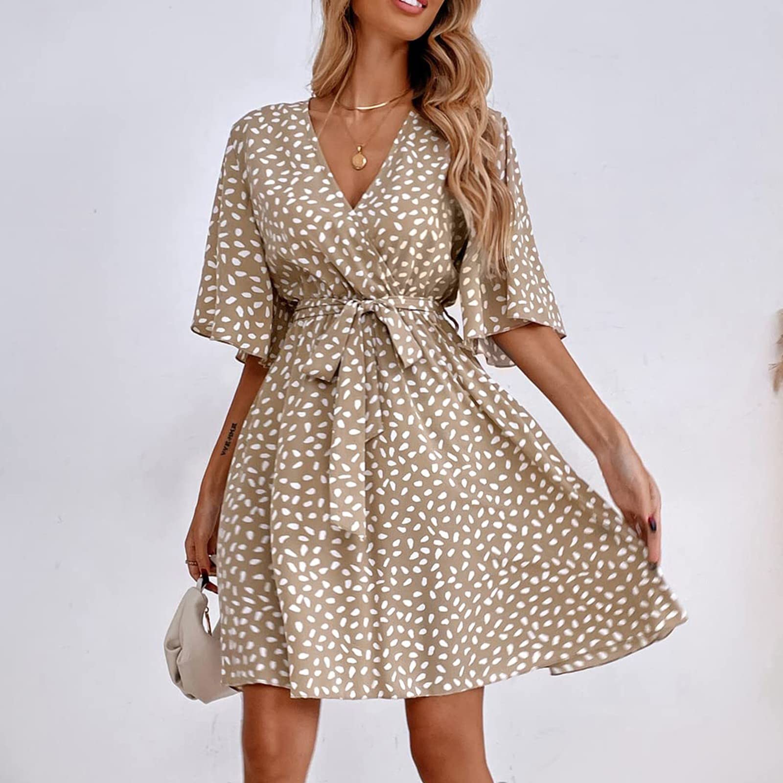 Elegant Women's Wedding Guest Dress - Casual Loose Fit Short Sleeve V-Neck Printed Dress with Belt | Perfect for Summer Weddings, Garden Parties & Special Occasions