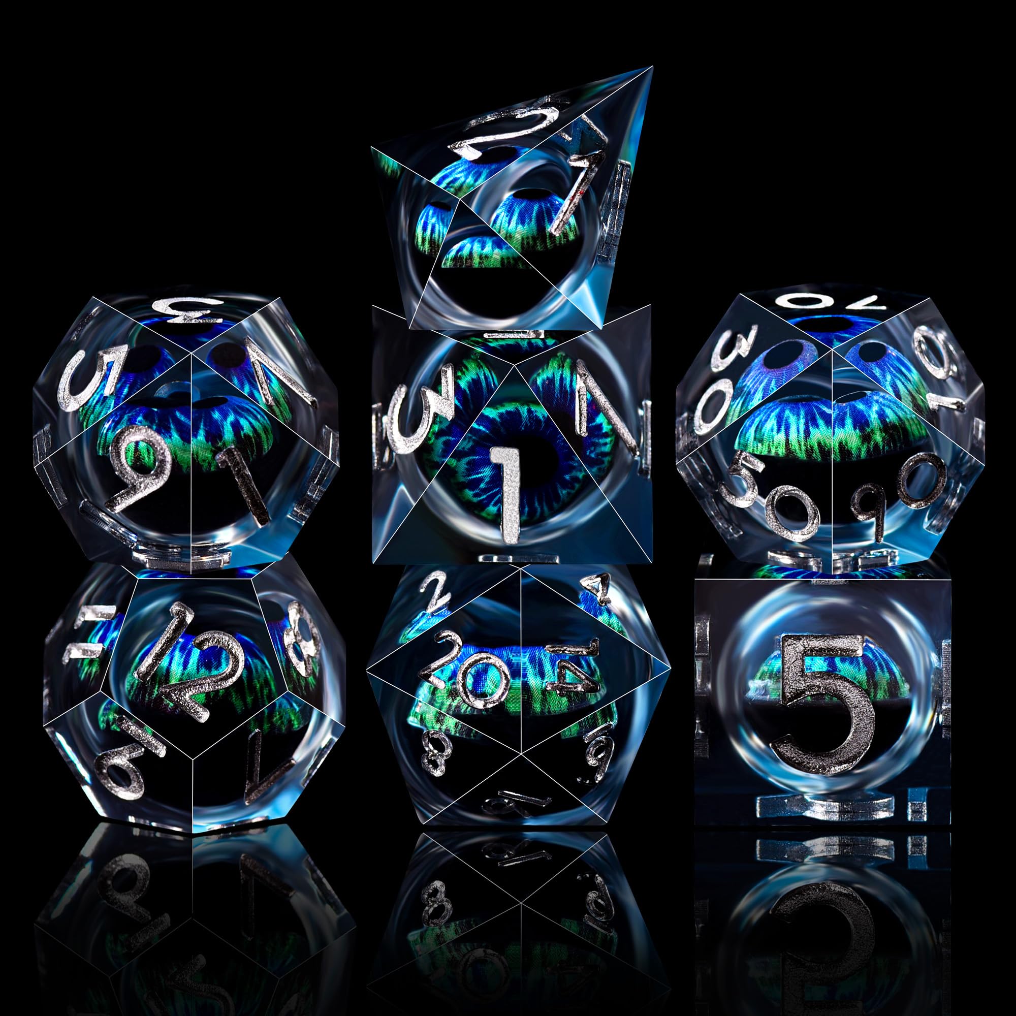 AUSTOR Dragon Eye DND Dice Set - 7-Piece Liquid Core Blue & Green Sharp Edge Resin Dice for Dungeons & Dragons, D&D, RPG Games - Includes D20, D12, D10, D8, D6, D4 with Storage Box - Perfect for Tabletop Gaming, Role-Playing Adventures & Collectors