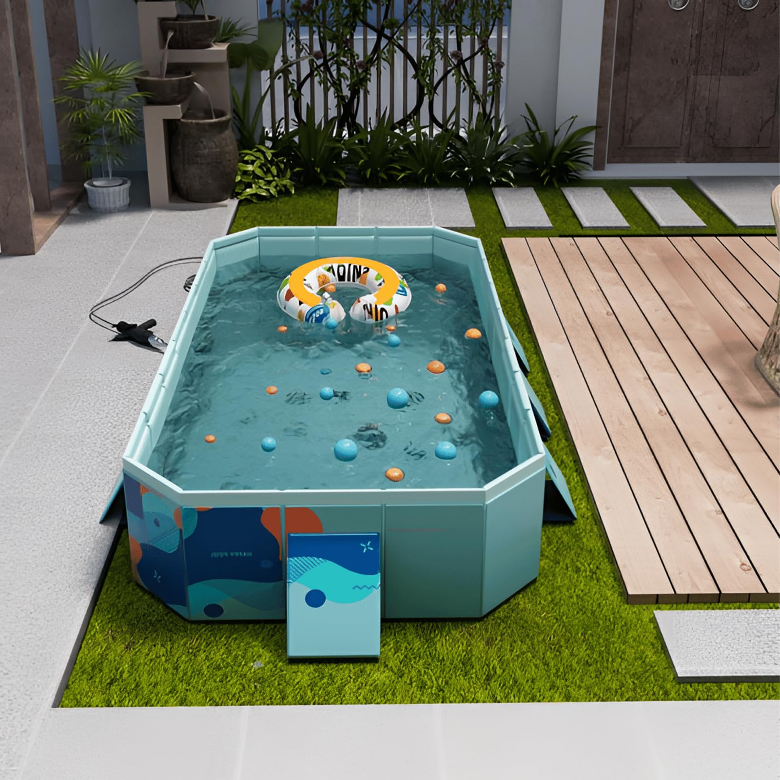 Foldable Above Ground Swimming Pool - 3m Rectangular Outdoor Family Pool with Drain Plug & Easy Assembly | Perfect for Backyard, Garden & Summer Fun (Style C)