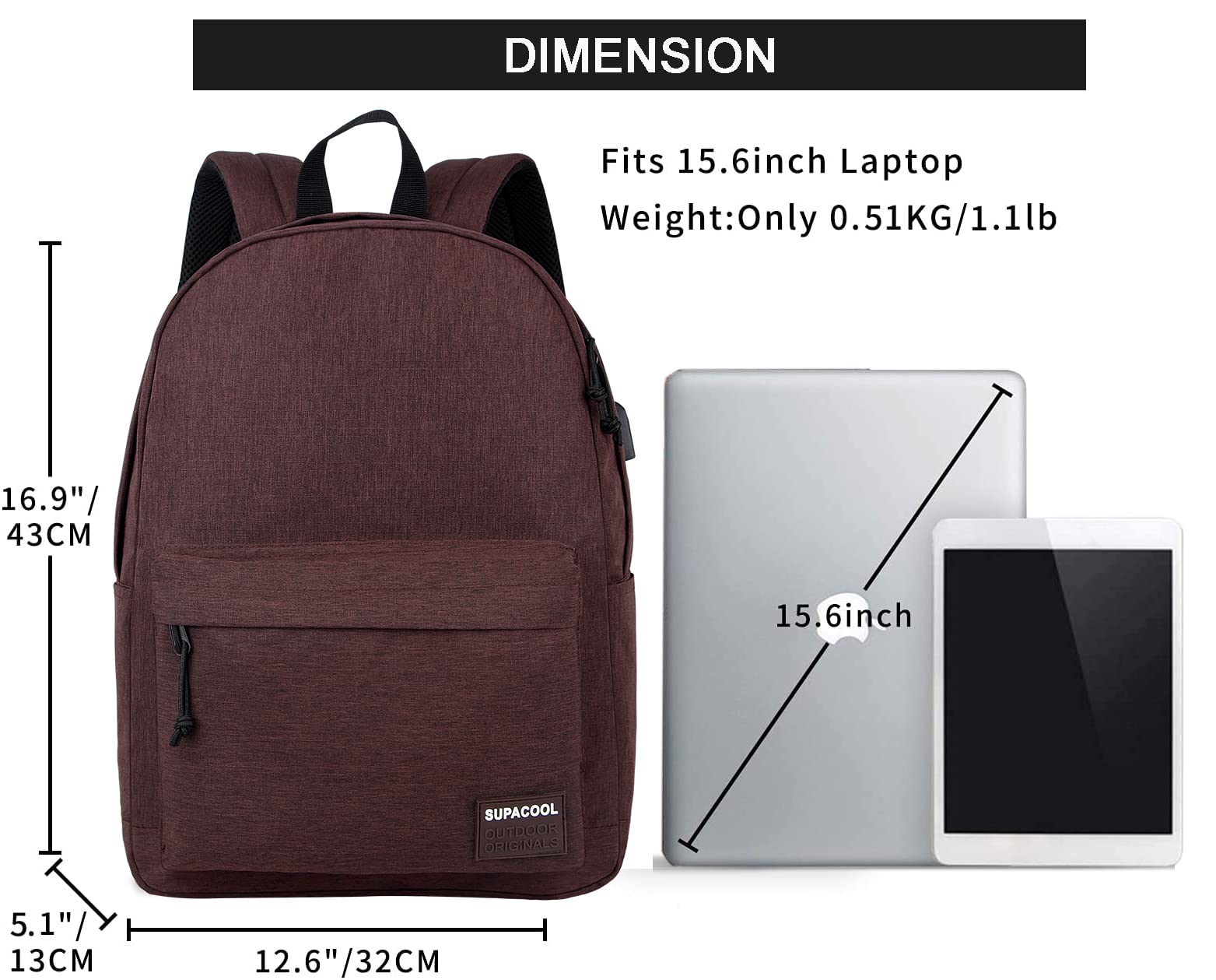 SUPACOOL Lightweight Laptop Backpack for Men & Women - College Backpack with USB Charging Port (Coffee) - Perfect for Work, School & Travel