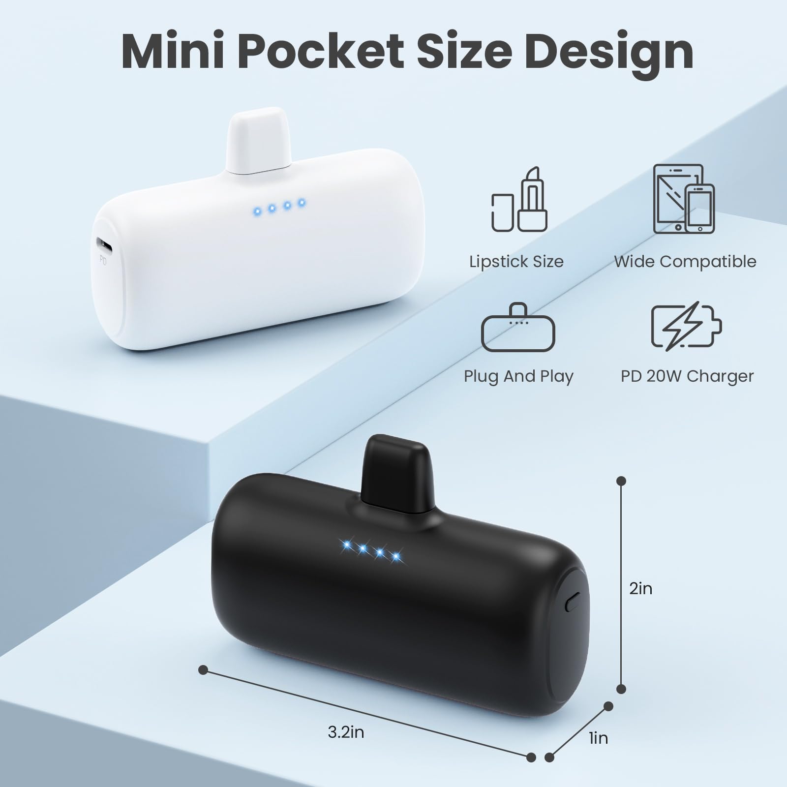 [2-Pack] 5200mAh Mini Portable Charger for iPhone - Ultra Compact PD Fast Charging Power Bank with Plug-in Design | Travel-Friendly Cordless Phone Charger | Compatible with iPhone 14/14 Pro/13/12/11/X/8/7/6 Plus | Perfect for Travel, Commuting & Emergency Power Backup