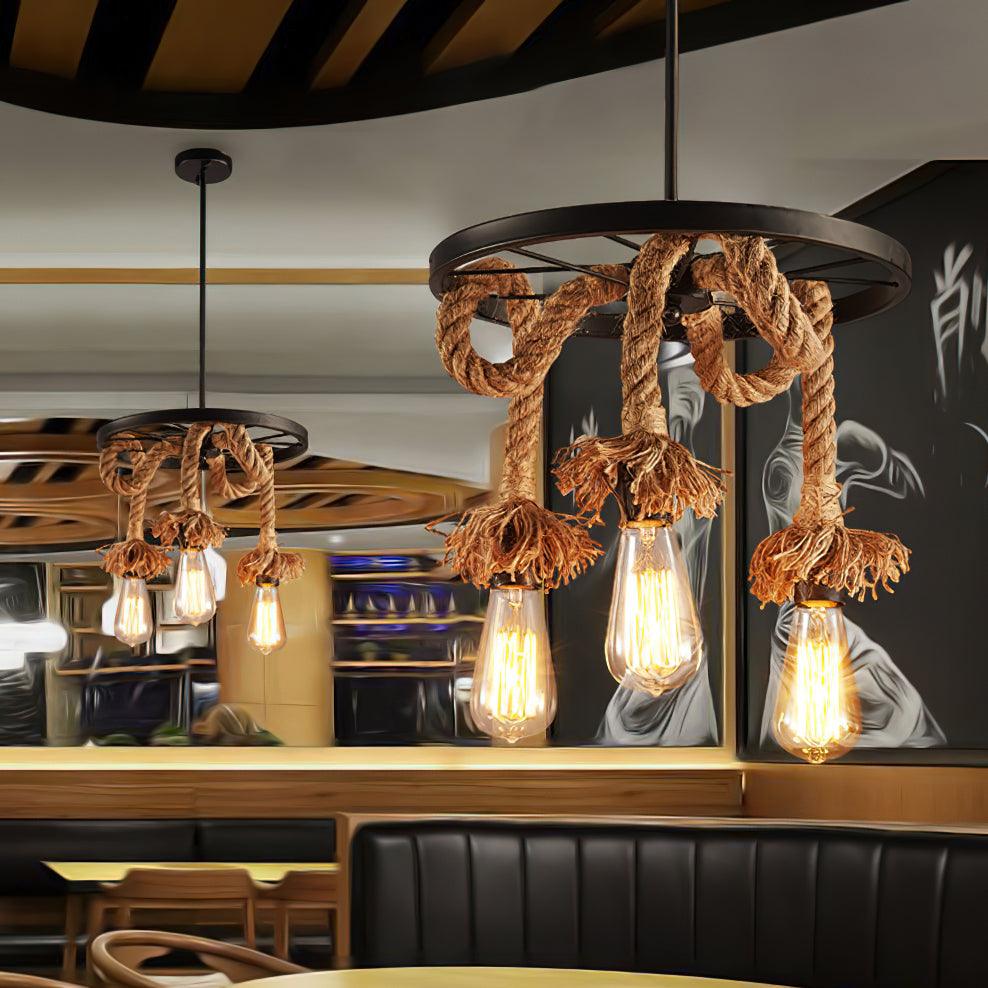 Industrial Hemp Rope Six-Light Chandelier - Rustic Farmhouse Ceiling Lighting Fixture for Dining Room, Living Room & Bedroom