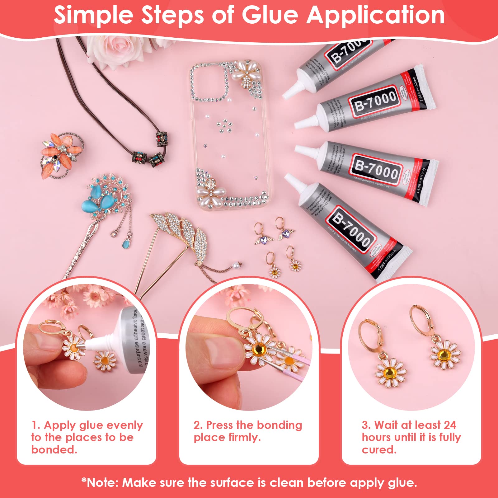 4 PCS 50ML B7000 Super Strong Clear Glue - Multipurpose Flexible Adhesive for DIY Jewelry, Rhinestones, Beads, Fabric, Shoes & Phone Screen Repair - Perfect for Crafts, Nail Art & Home Fixing Projects