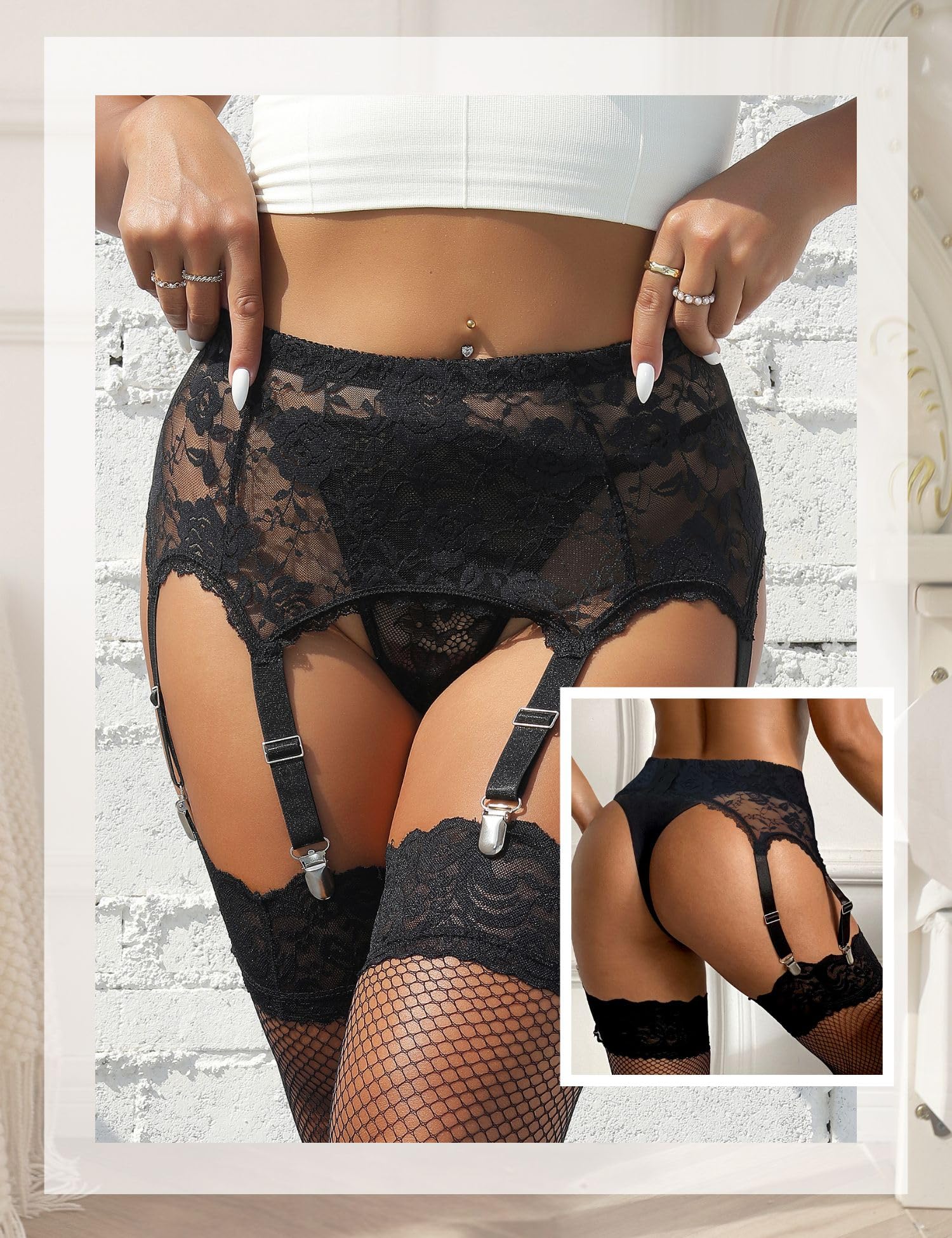 Ohyeahlady Women's Plus Size Lace Mesh Suspender Belt Lingerie Set - 6 Wide Adjustable Straps with Strong Clips for Stockings | Sexy Underwear for Date Night, Boudoir Photography & Bridal Lingerie