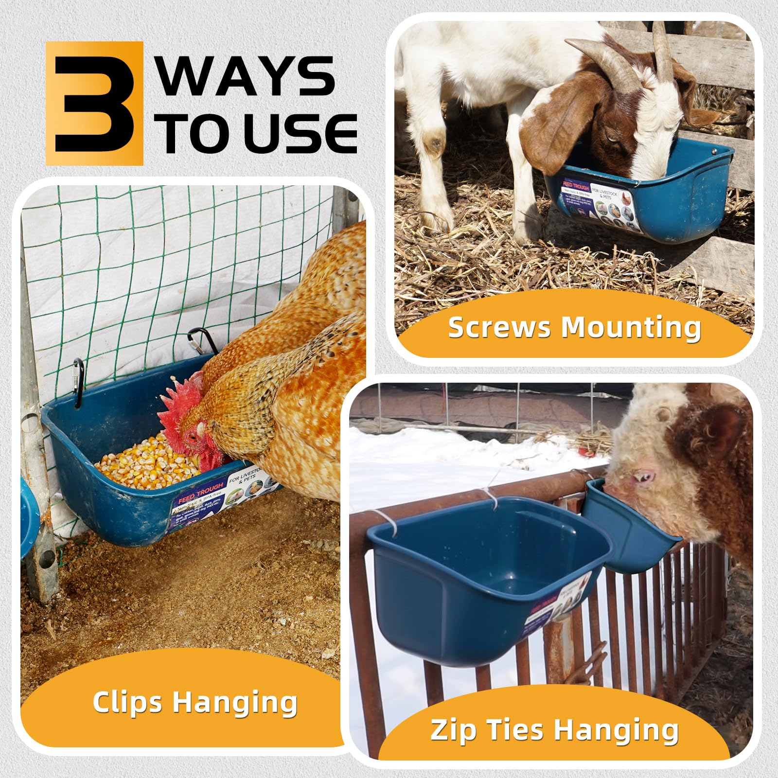 Goovilla 5 Quart Chicken Feeder and Waterer - 2 Pack Hanging or Screw-in Plastic Poultry Feeder with Clips for Ducks, Piglets, Sheep, Dogs - Blue Livestock Feeding Bucket for Coops, Farms, and Backyard Poultry Raising