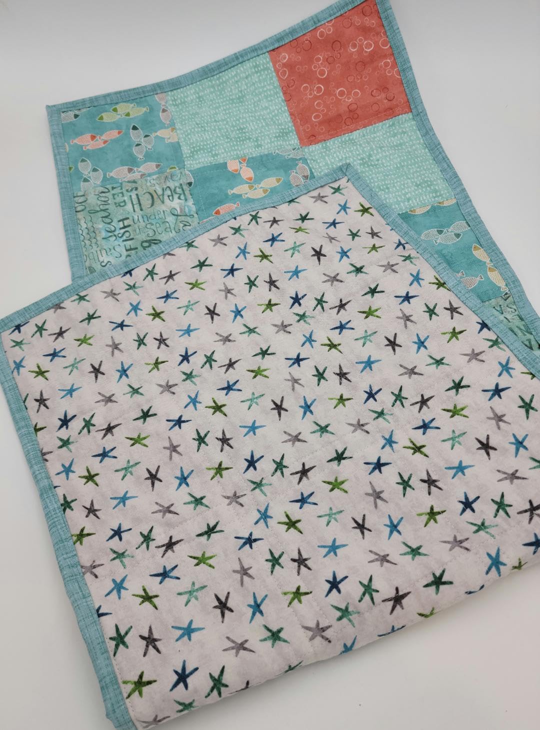 Quilted Beach Table Runner - Blue and Coral Ocean Theme for Dining Table Decor, Perfect for Mother's Day, Coastal Home & Seaside Entertaining