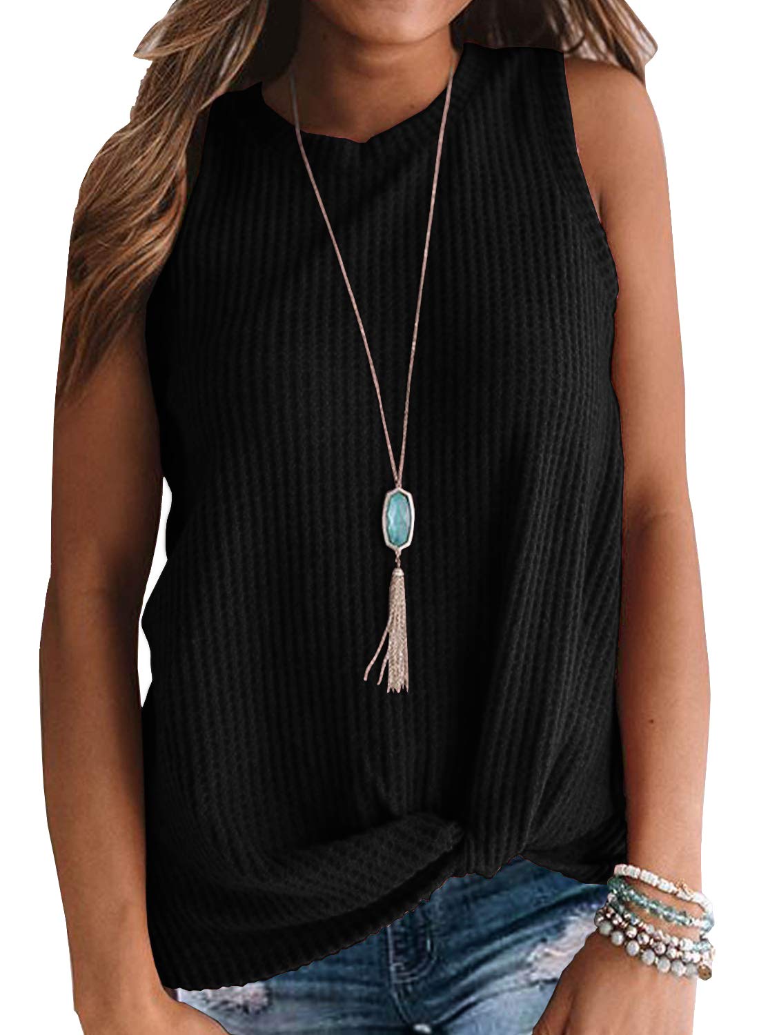 IWOLLENCE Women's Waffle Knit Tunic Top - Sleeveless Casual Blouse with Twist Knot Detail | Cute Summer Tank Top for Beach, Date Night & Everyday Wear