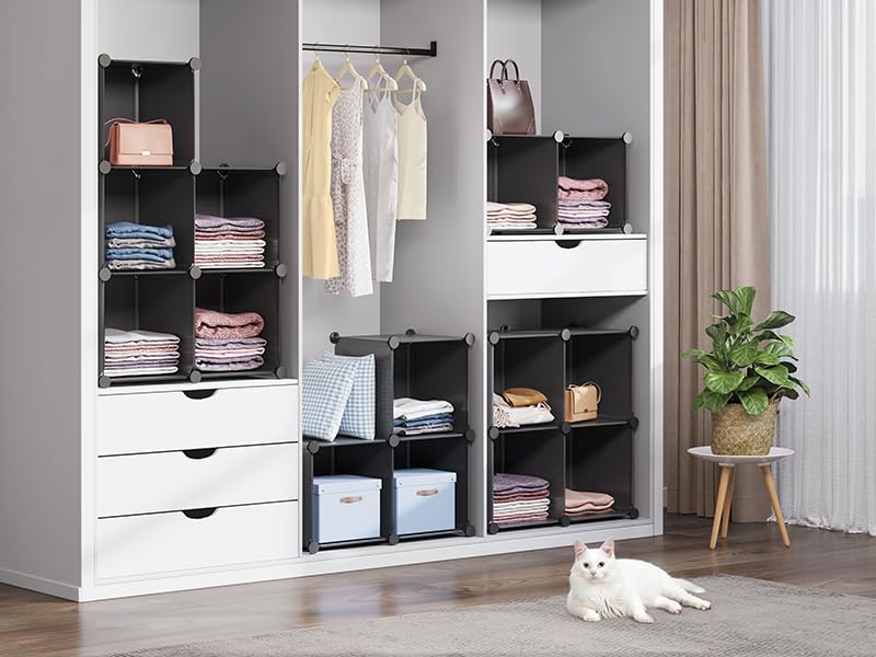 GREENSTELL 12-Cube Closet Organizer & Storage Shelf - 11.8x11.8x11.8 Inch Portable Clothing Storage for Kids, Bedroom, Office - Black | Space-Saving Wardrobe Solution for Small Rooms & Apartments