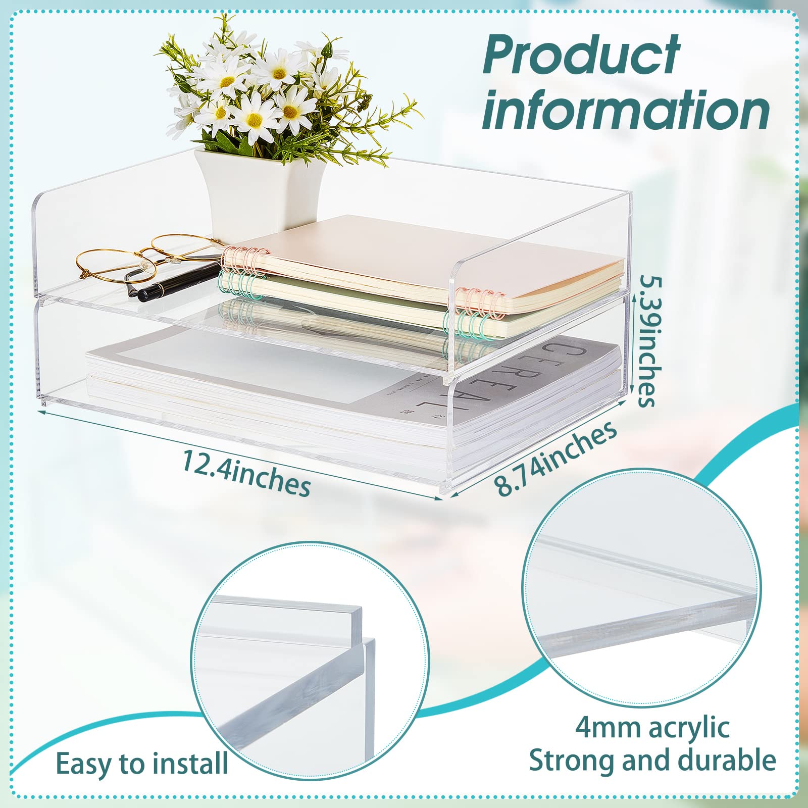 Yulejo 2-Pack Clear Acrylic Stackable Desk Organizer Trays - 12.4 x 8.74 x 2.68 Inch Office Document & Paper File Holder for Workspace Organization - Perfect for Home Office, School Desk, and Office Workspace Accessories