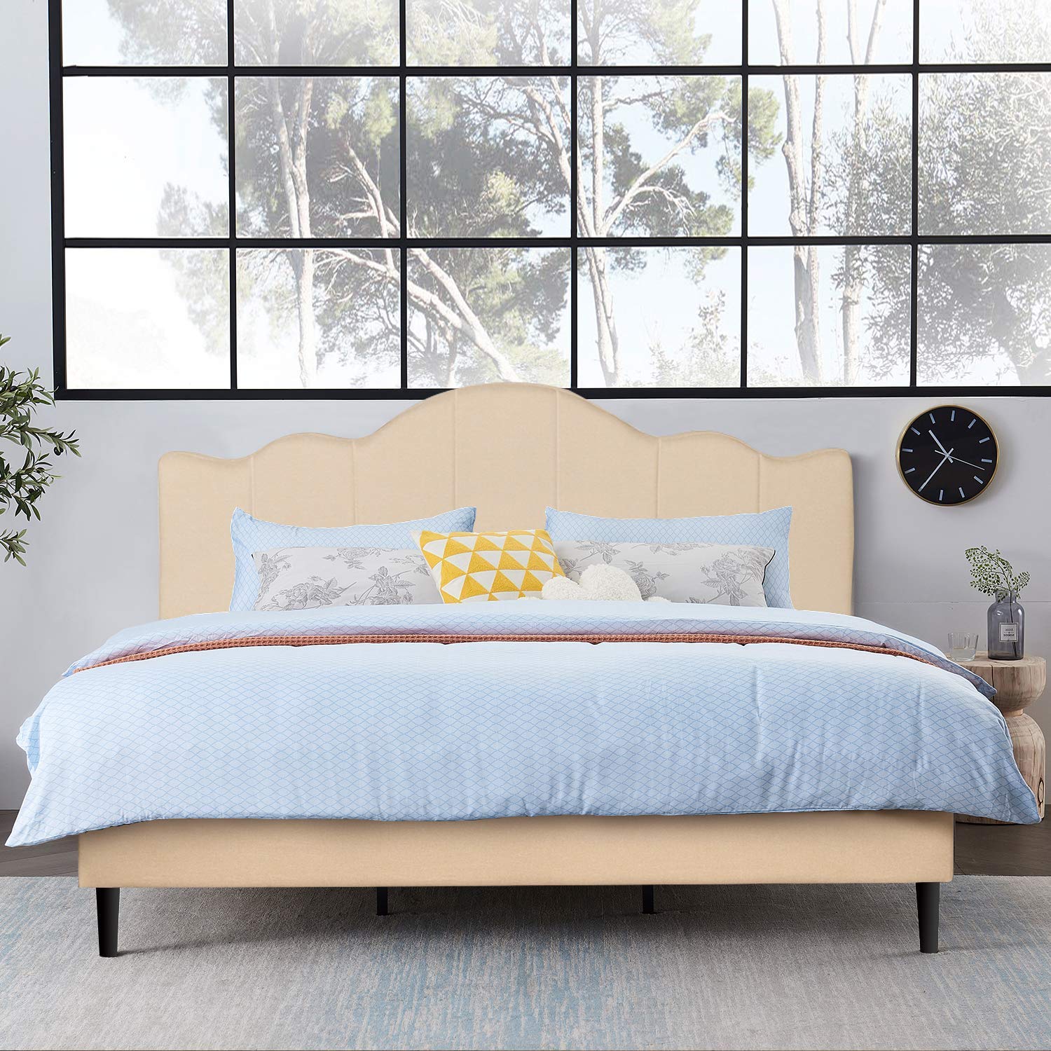 VECELO Full Size Upholstered Platform Bed Frame with Adjustable Headboard - Sturdy Wood Slat Support, No Box Spring Required - Khaki Fabric - Perfect for Modern Bedrooms, Guest Rooms & Small Spaces