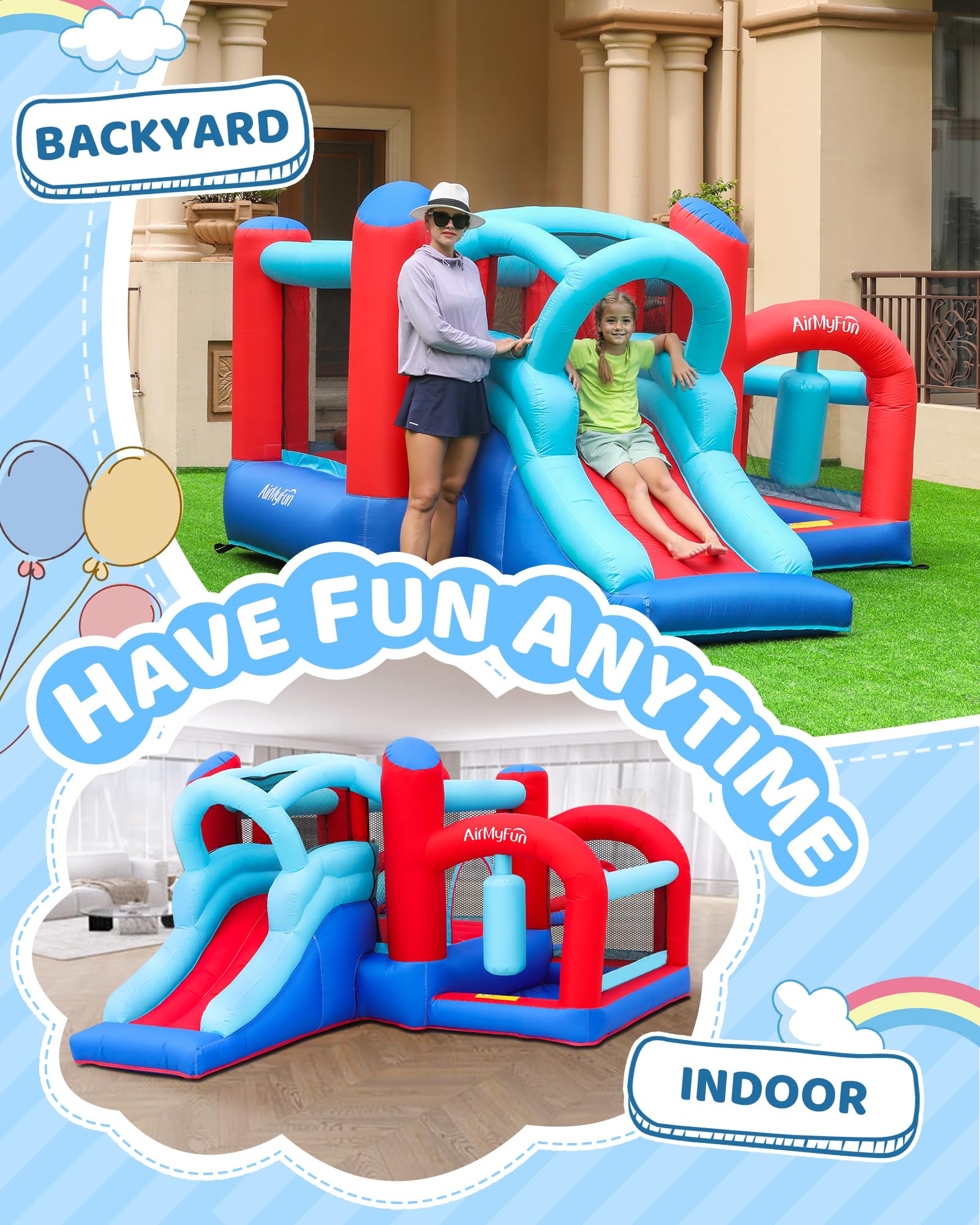 AirMyFun Inflatable Bounce House with Slide & Ball Pit - Indoor/Outdoor Kids Bouncer Castle for Birthday Parties, Backyard Fun, and Family Gatherings - Includes Basketball Hoop, Target Balls & Boxing Gloves