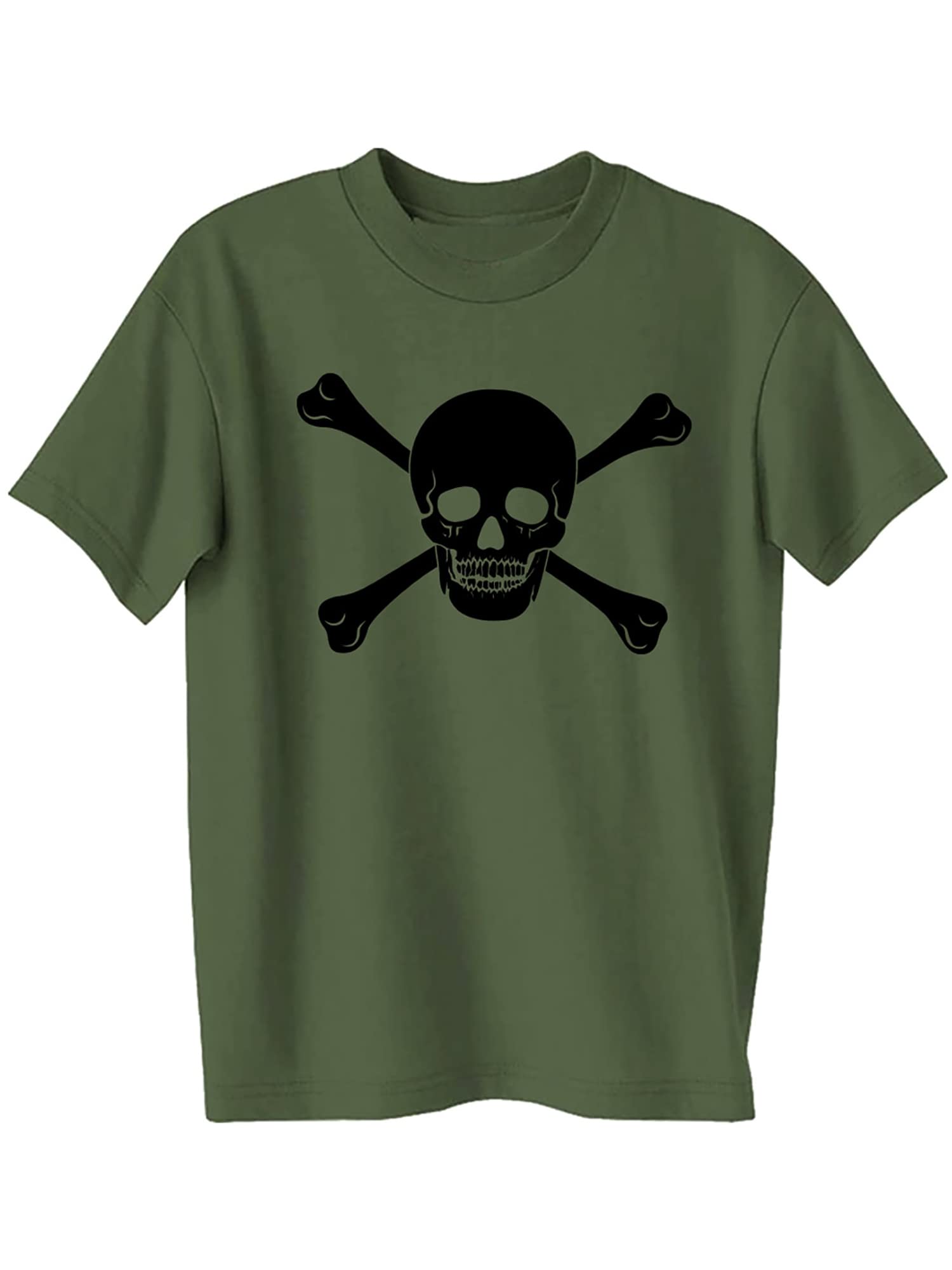 Military Green Skull and Cross Bones Graphic Short Sleeve T-Shirt for Men - Casual Streetwear, Biker Style & Halloween Costume
