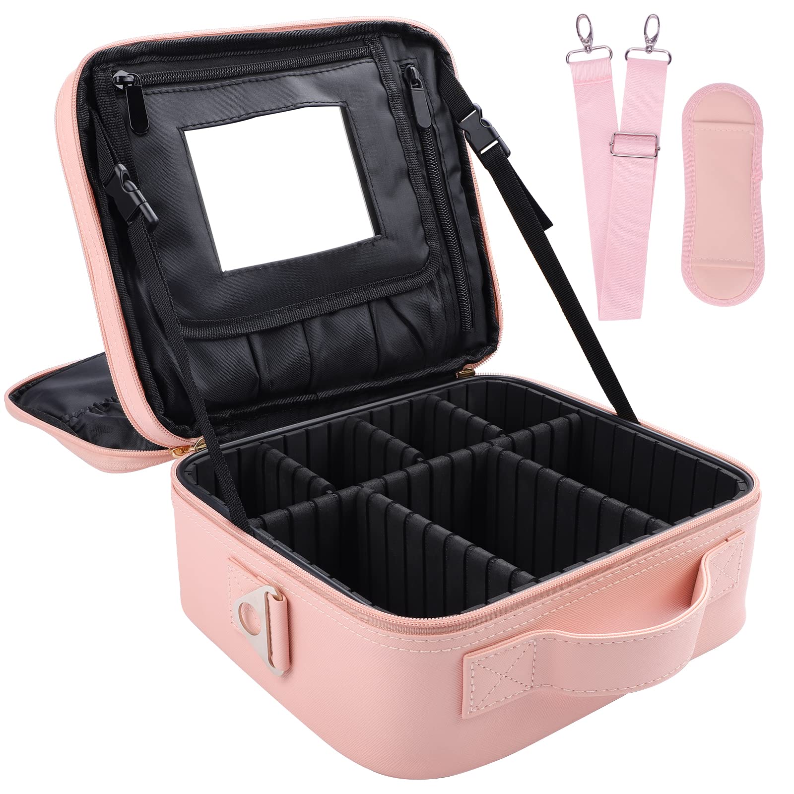 Premium PU Leather Travel Makeup Bag - Portable Cosmetic Organizer with Adjustable Dividers & Shoulder Strap | Pink Makeup Train Case with Mirror | Perfect for Travel, Home Storage & Salon Professionals
