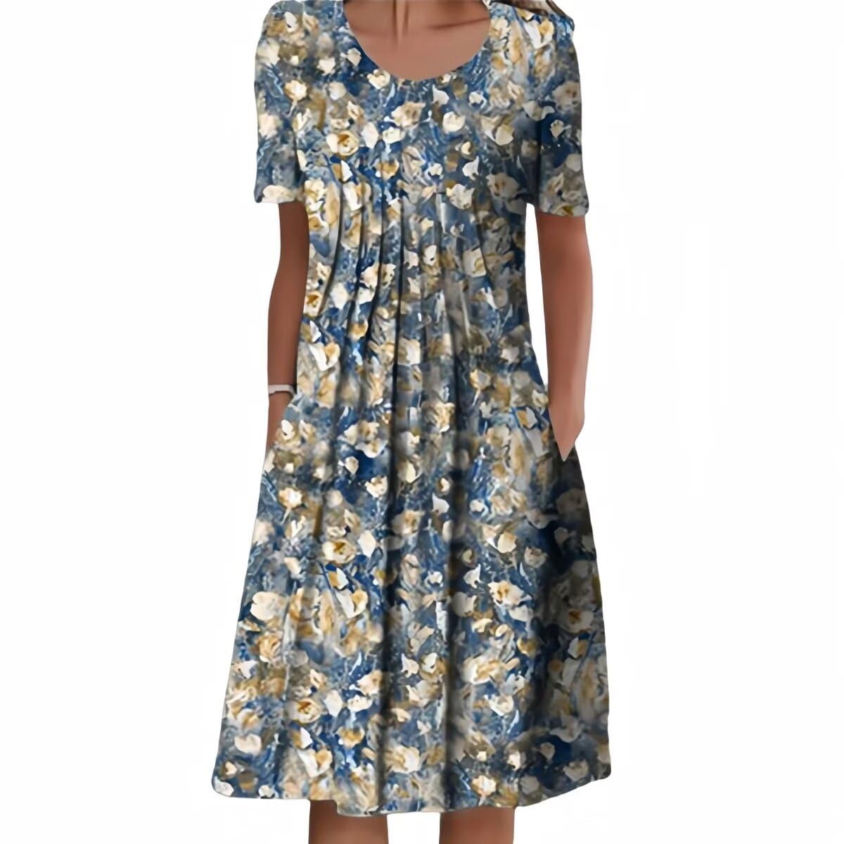 Boho Floral Sun Dress for Women 2024 - Pleated Crew Neck Short Sleeve Midi Dress with Pockets | Perfect for Beach Vacations, Summer Parties & Casual Outings