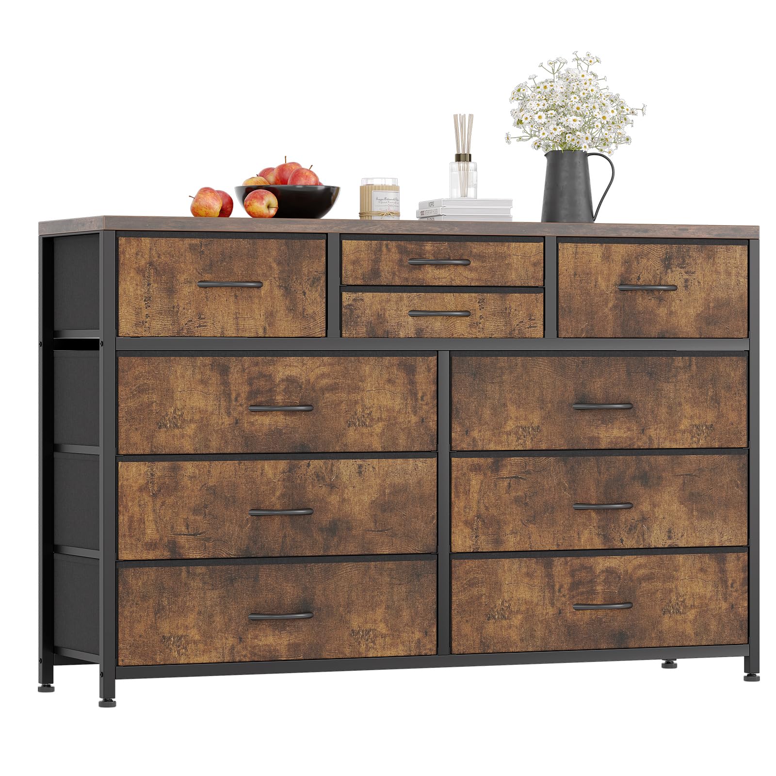 Jojoka 10-Drawer Wide Dresser with Steel Frame & Wood Top - Rustic TV Stand Entertainment Center, Fabric Storage Cabinet for Bedroom, Hallway, Nursery & Closet Organization | Perfect for Small Space Living & Home Decor