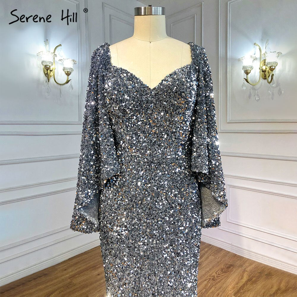Elegant Grey Silver Luxury Evening Dresses for Women 2025 - Sexy Flared Sleeves Gowns for Parties, Prom, and Formal Events