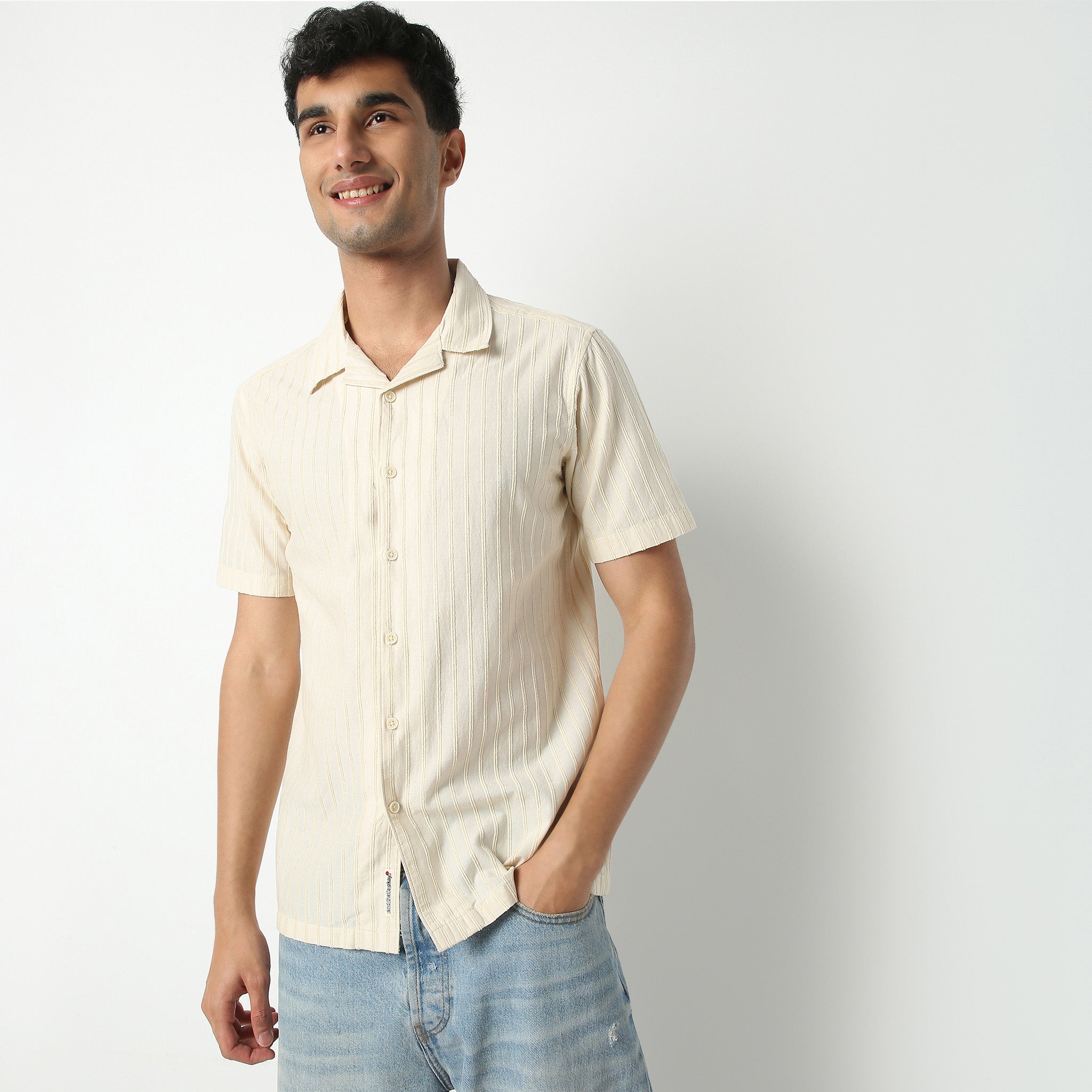 BAE Shirt Men's Camp Collar Half Sleeve Striped Casual Button Down Shirt - Perfect for Summer Outings, Beach Vacations & Casual Wear