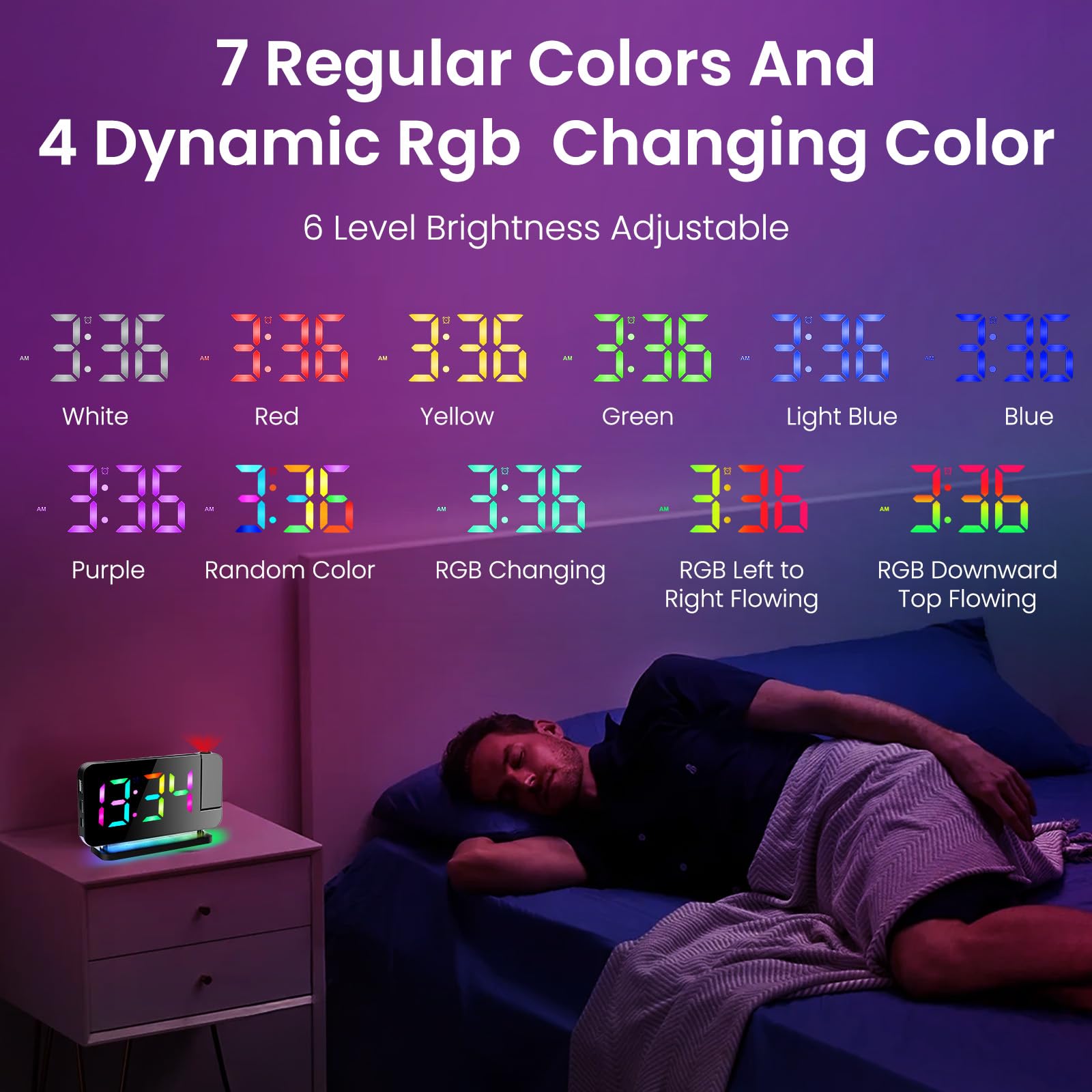 Digital Projection Alarm Clock with 180° Rotatable LED Mirror Display - RGB Night Light, USB Charger, Auto Dimmer, FM Radio & Snooze Function - Perfect for Bedrooms, Home Office & Travel (Black)