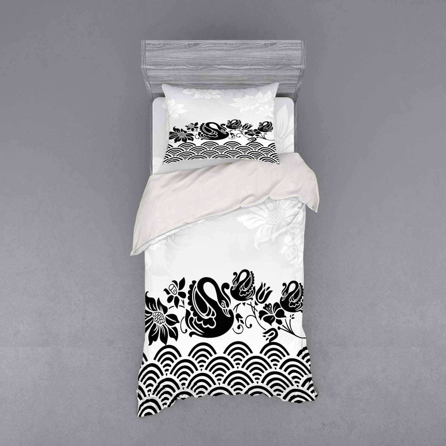 Ambesonne Black and White Swan Duvet Cover Set - 3 Piece Twin XL Bedding with Abstract Wave & Floral Design - Perfect for Master Bedroom, Guest Room, and Romantic Couples Bedding Decor