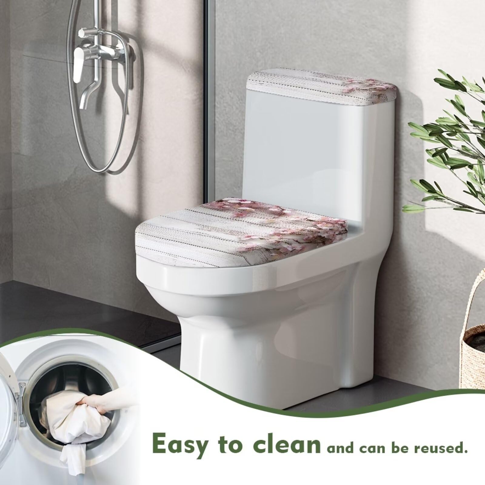 2-Pack Elastic Toilet Lid Cover and Tank Cover Set - Fits Most Round, Elongated & Oblong Toilets - Pink Floral Wood Grain Bathroom Decor - Perfect for Home, Hotel & Restroom Upgrade
