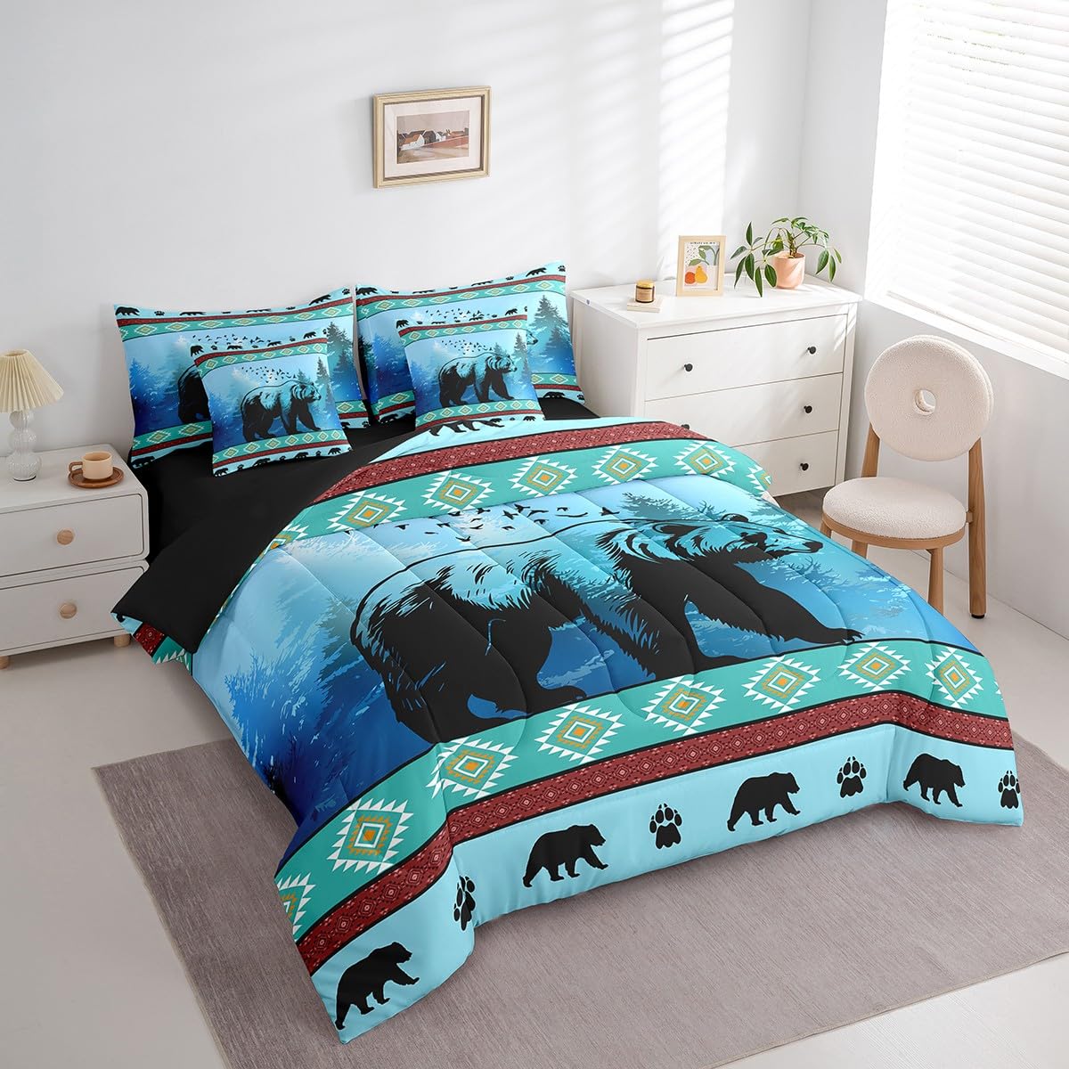 **7-Piece Boys Bear Comforter Set with Sheets - American Aztec Animal Bedding for Kids, Teens & Adults - Queen Size Rustic Farmhouse Wildlife Bed Set - Bohemian Tribal Geometric Design - Perfect for Cozy Bedrooms & Cabin Retreats**