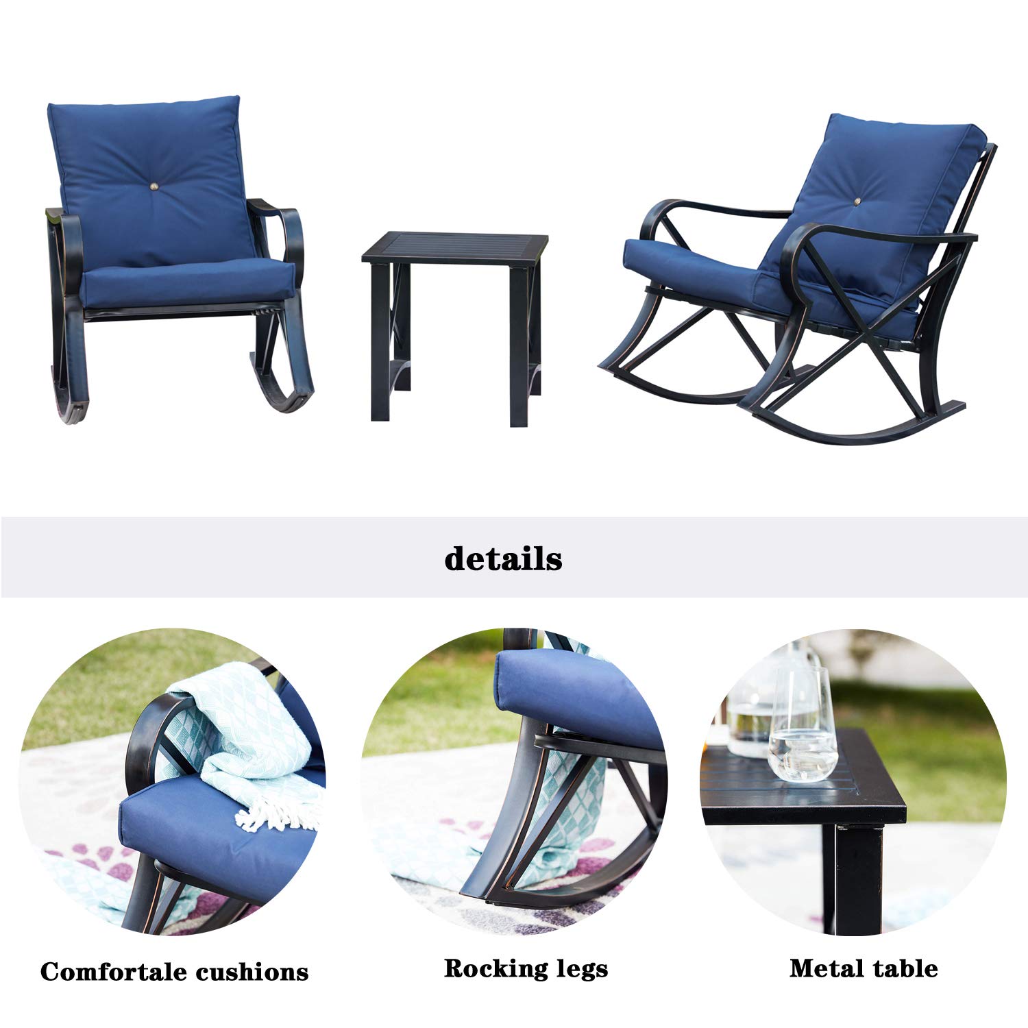 **Outdoor Rocking Chair Set with Coffee Table & Cushions - 3-Piece Patio Furniture for Backyard, Porch, Poolside - Durable Metal Bistro Set (Blue) - Perfect for Relaxing, Lounging & Entertaining**