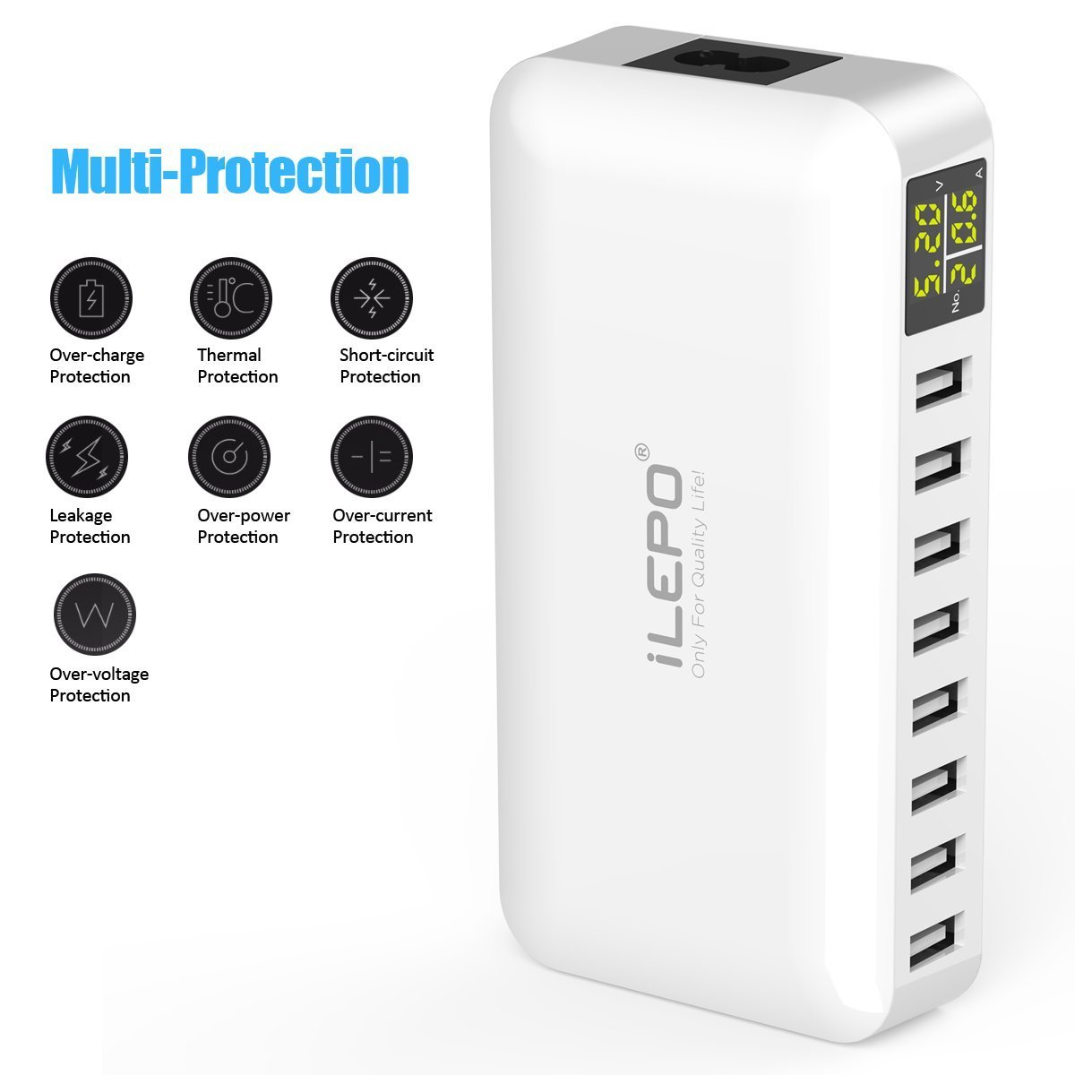 iLepo 8-Port USB Charging Station with LED Display - Fast Desktop Wall Charger for Multiple Devices (Laptops, Tablets, Phones) | Perfect for Home, Office & Travel Use