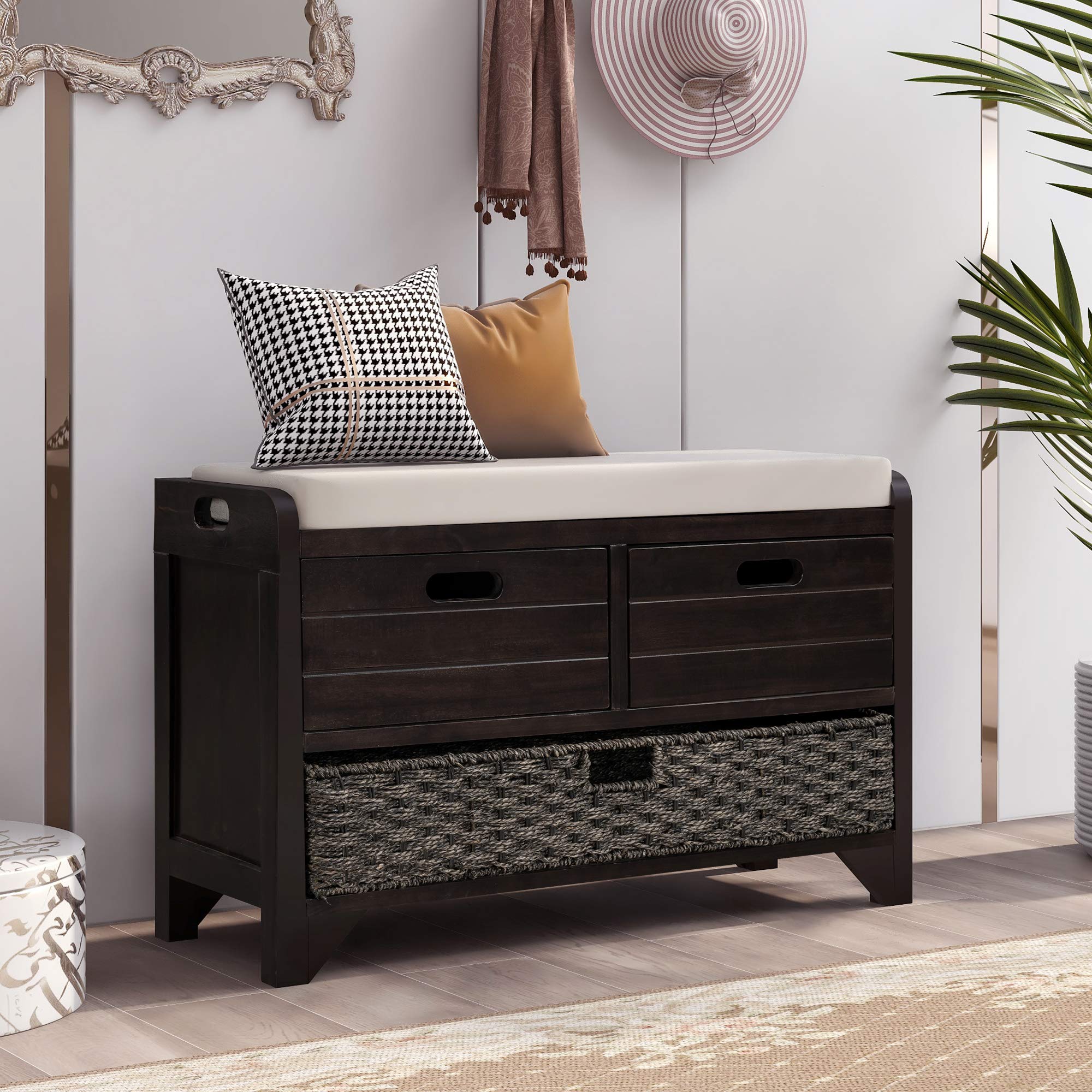 Farmhouse Shoe Storage Bench with Drawers & Basket - Entryway Organizer for Hallway (Espresso)