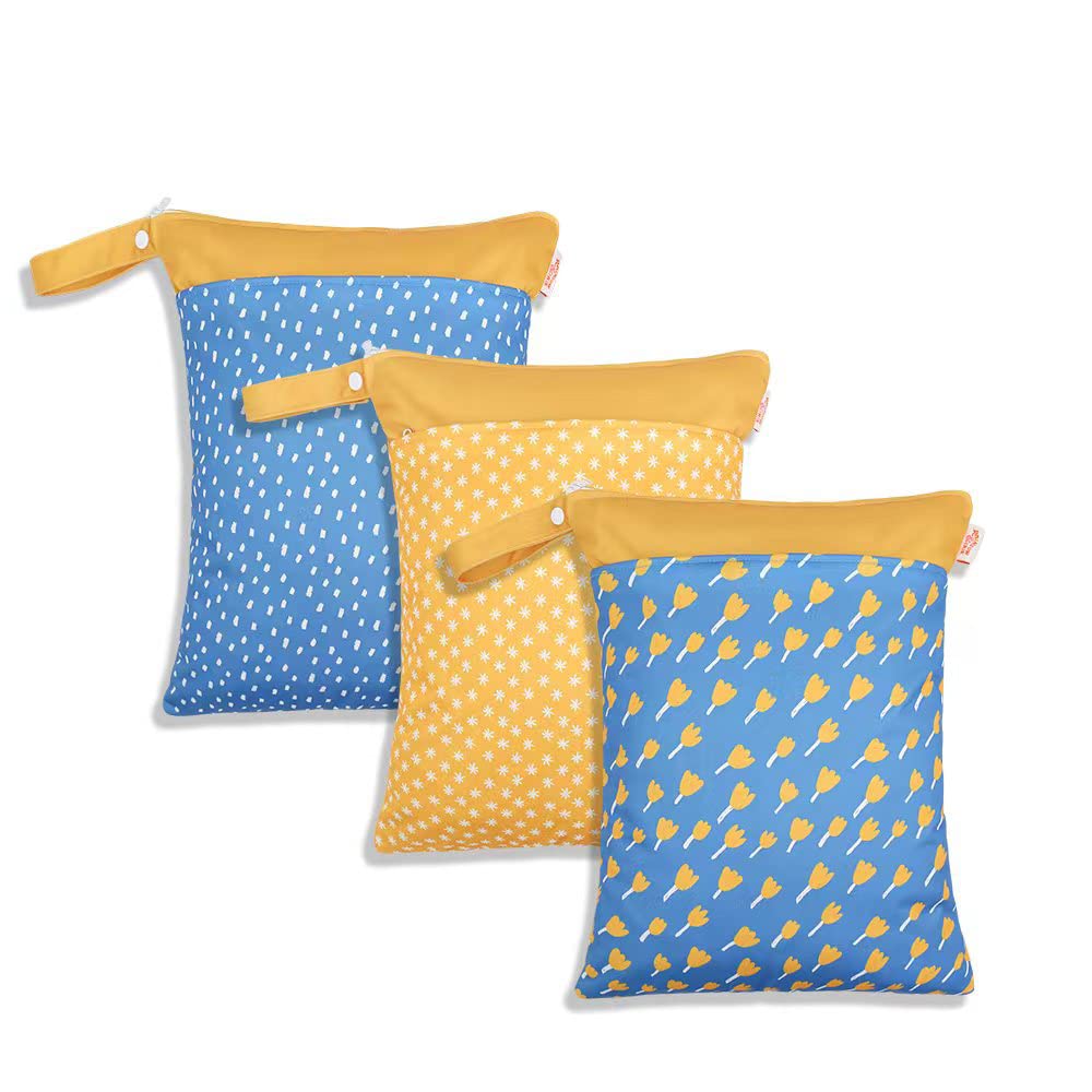 Waterproof Wet Dry Bags for Baby Cloth Diapers - Reusable Washable Travel Storage (3-Pack, Blue & Floral) - Perfect for Gym, Pool, Daycare & Beach - Organize Swimsuits, Wet Clothes & Soiled Items