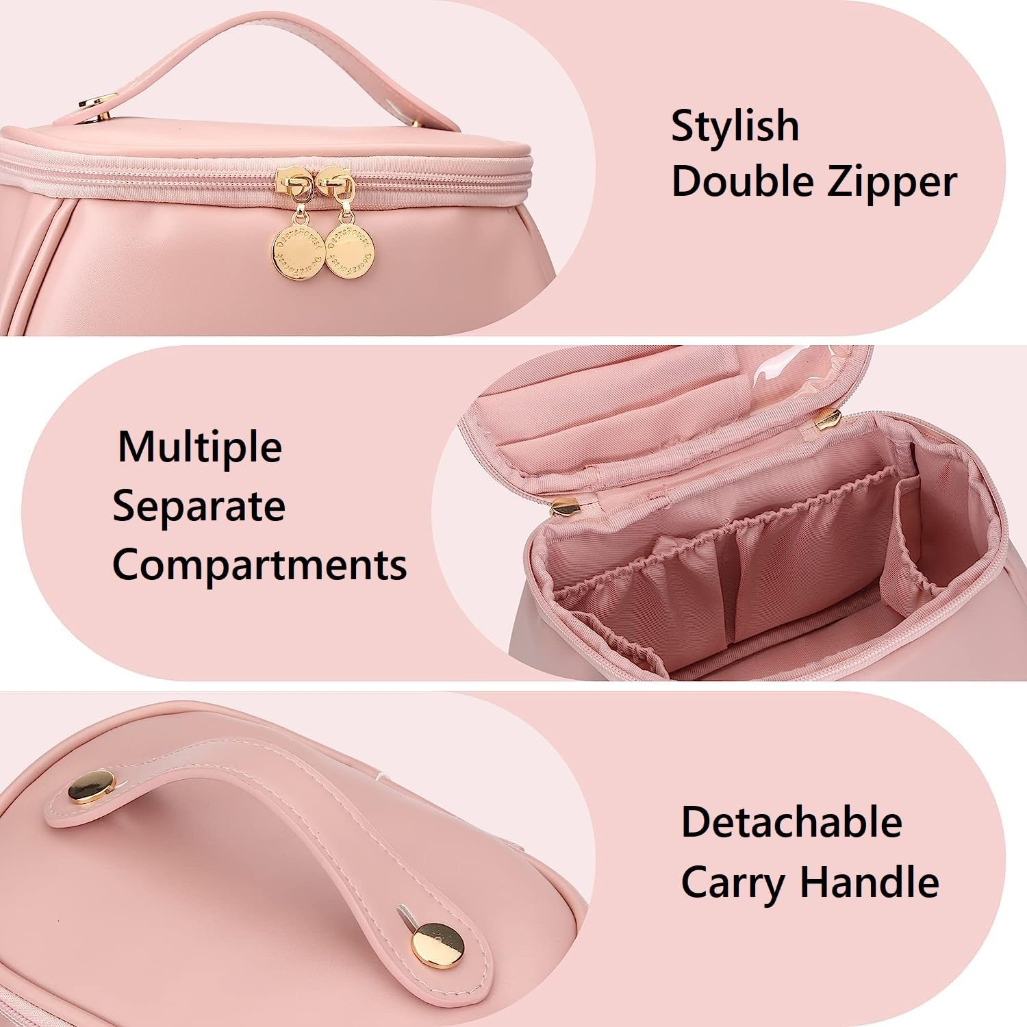 RELEMTRA Women's Leather Cosmetic Travel Bag - Portable Makeup Organizer with Handle & Divider, Wide Opening Cute Pink Makeup Storage Bag for Travel, Gym, Work & Daily Use