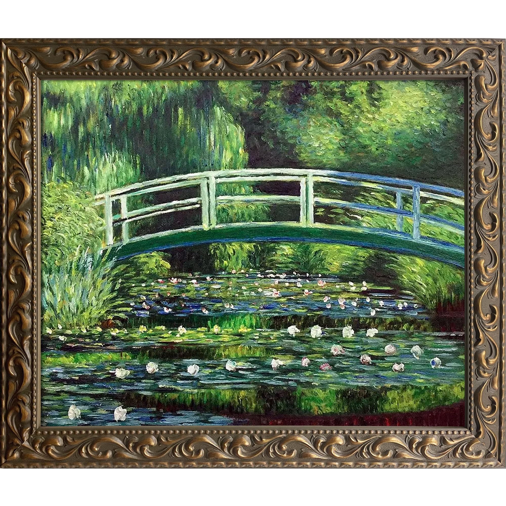 OverstockArt Japanese Bridge Gold Framed Oil Painting - 25.5x29.5 Inch Handmade Canvas Wall Art - Monet Inspired Landscape Decor for Living Room, Bedroom & Office